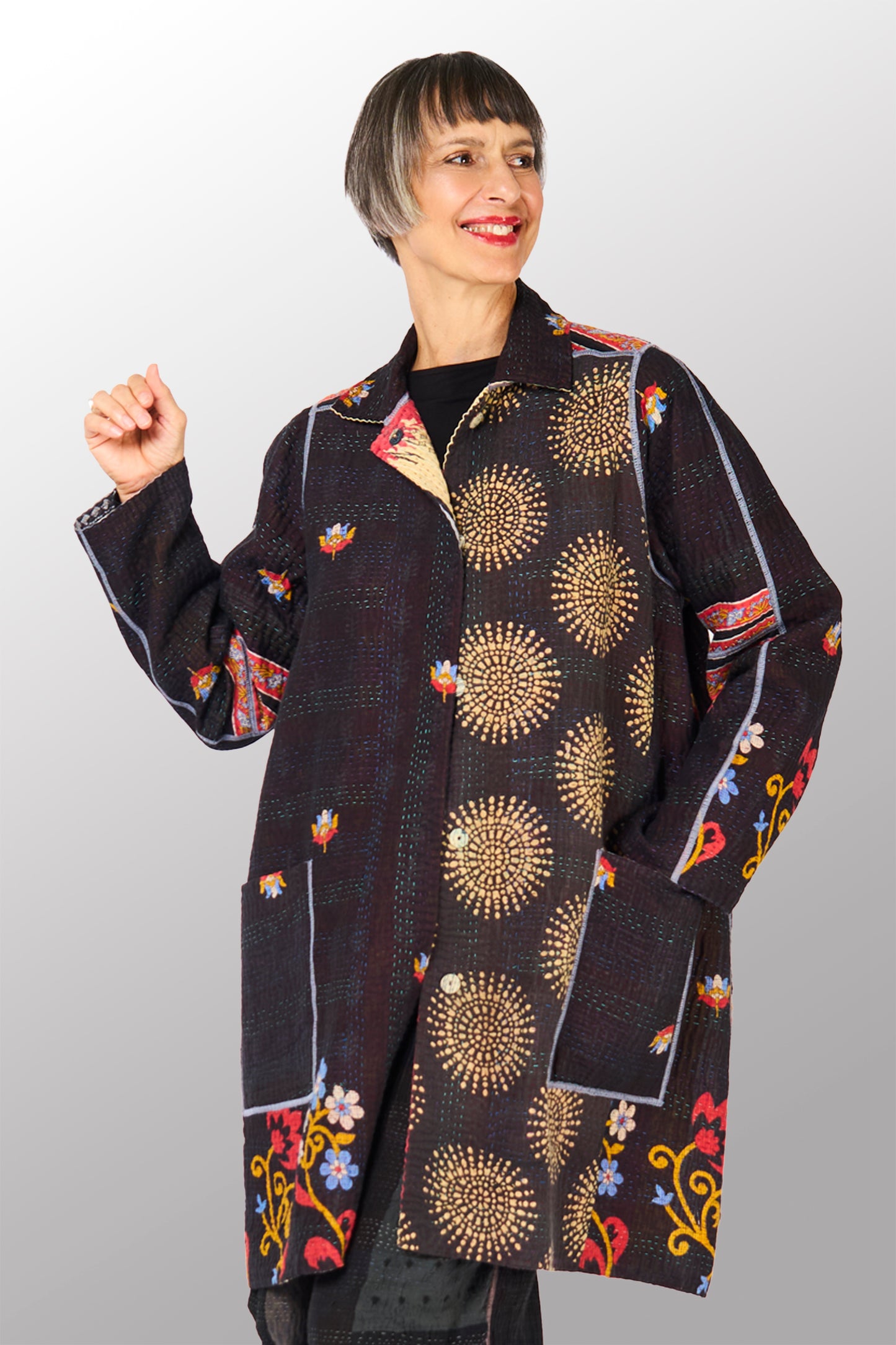 VINTAGE COTTON KANTHA A-LINE DUSTER - cv4311-0110a -
