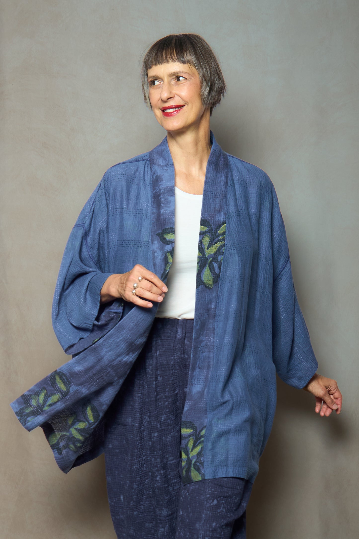 CLOUD TIE DYE FLORAL KANTHA KIMONO COLLAR JACKET - uf2j108-blu -
