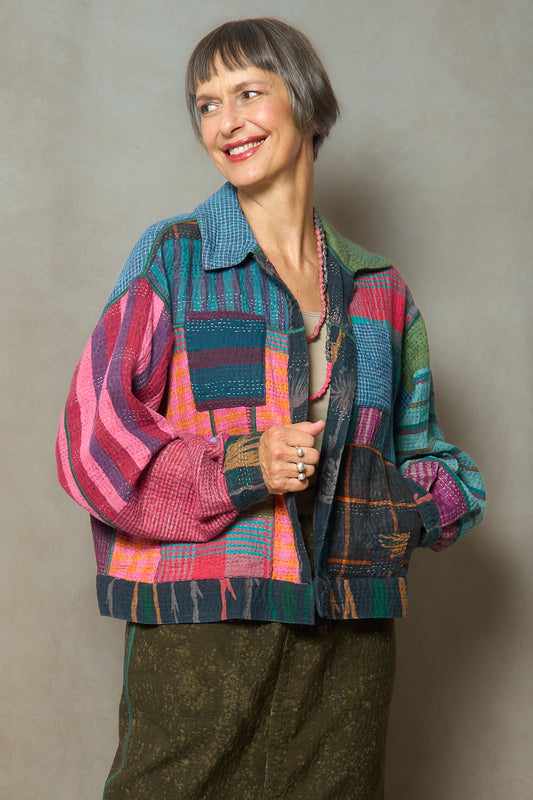 FLOWER PRINT WITH CHECKERED PATCH OVERSIZED TRUCKER JACKET - fc4j107-blk -