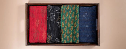 Landscape  fray patch vintage Kantha Napkin - Green (Set of 2)