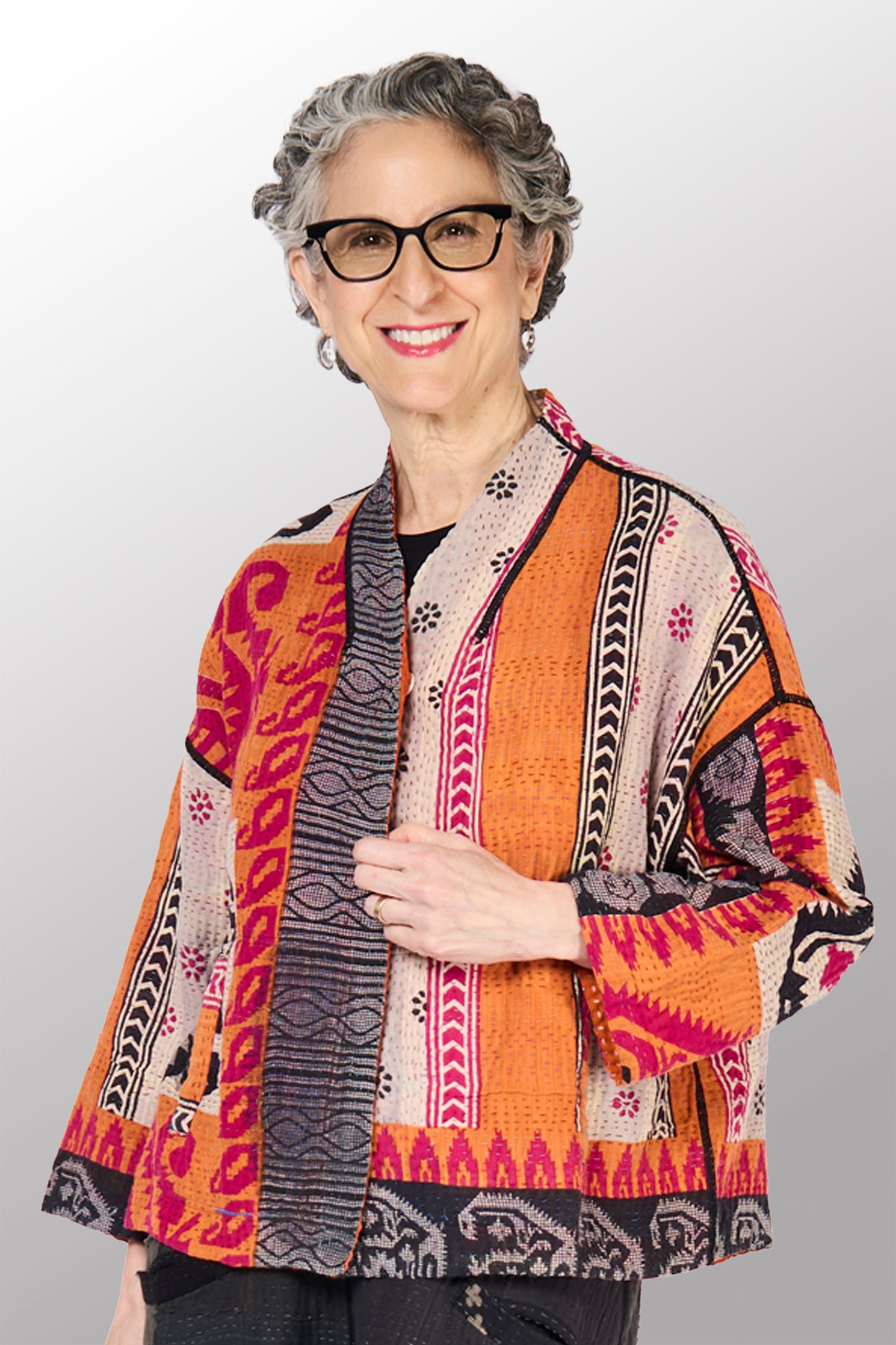 VINTAGE COTTON KANTHA STAND COLLAR CROPPED JKT - cv4034-0157a -
