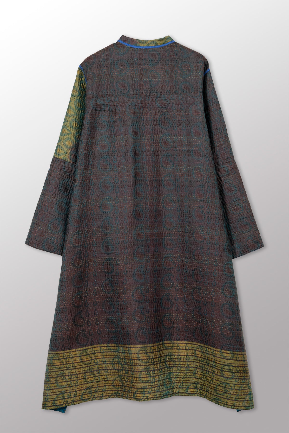 VINTAGE PRINTED SILK CLAMP DYE WITH JACQUARD KANTHA KAFTAN COAT - sk4343-0001m -