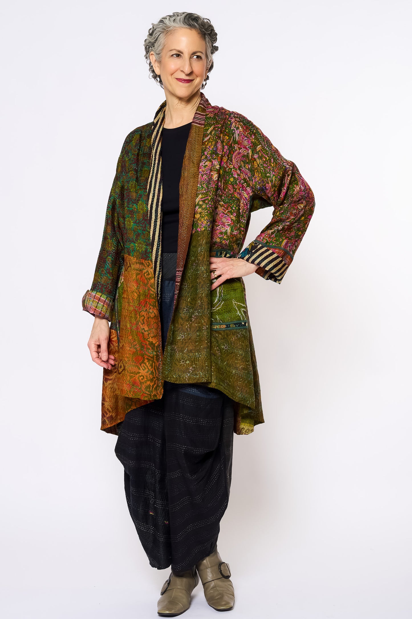 VINTAGE SILK KANTHA KIMONO LONG JKT - sv2005-0082a -