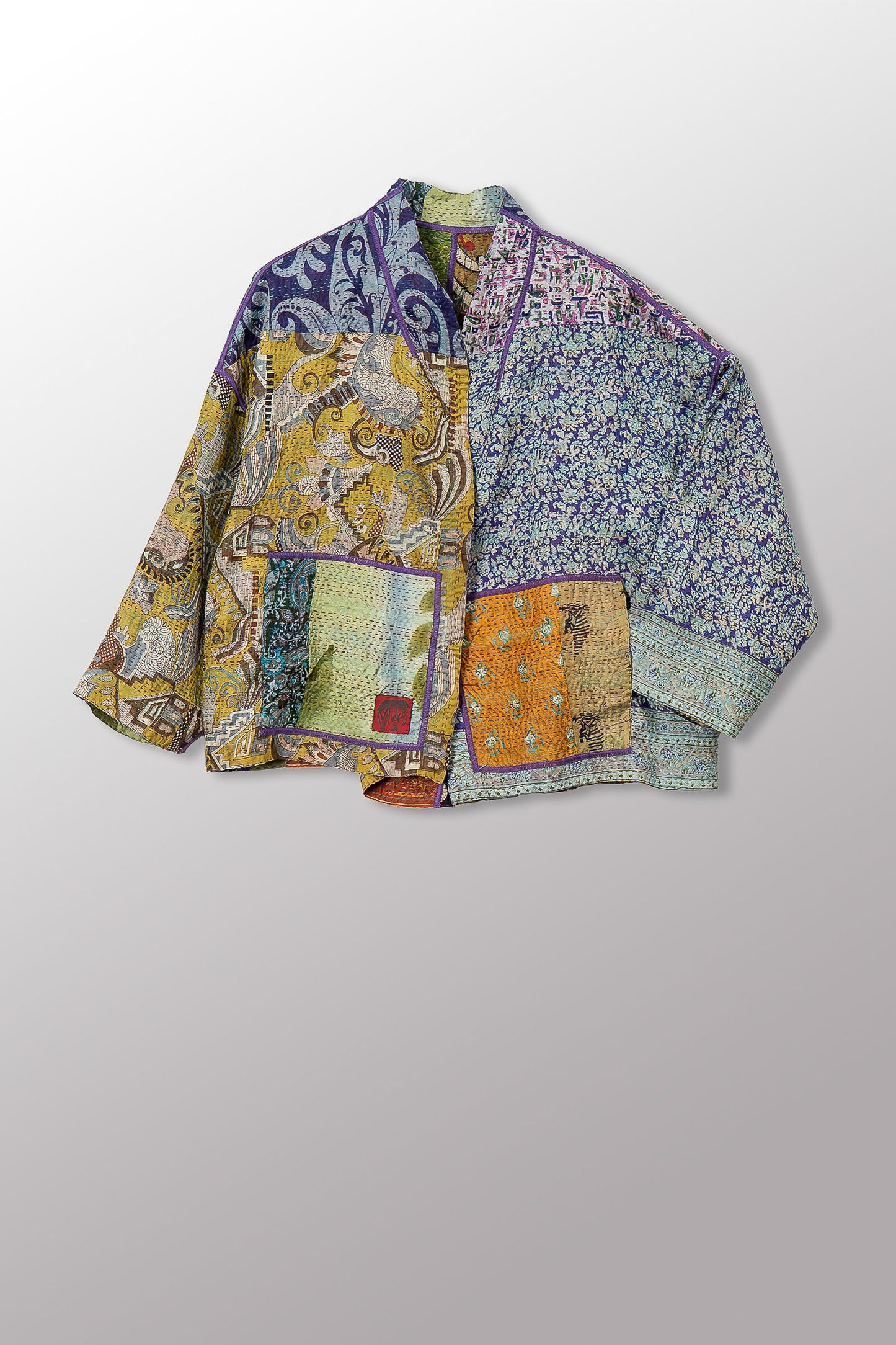 VINTAGE SILK KANTHA STAND COLLAR CROPPED JKT - sv2034-0018a -