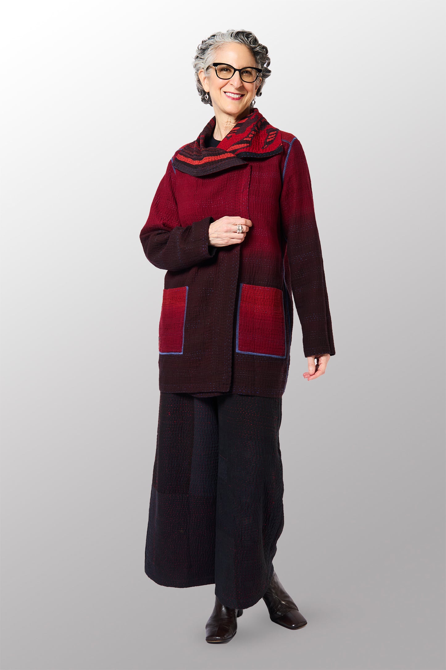 OVERDYED STRIPE AND BENDS KANTHA POCKET JACKET - ov-sb4002-red -