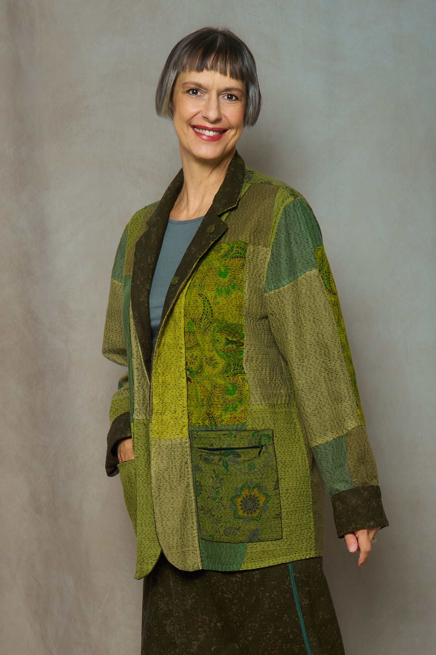 DUCK SUN DYE WITH PATCH KANTHA SIMPLE MEN'S JACKET - us2072-grn -