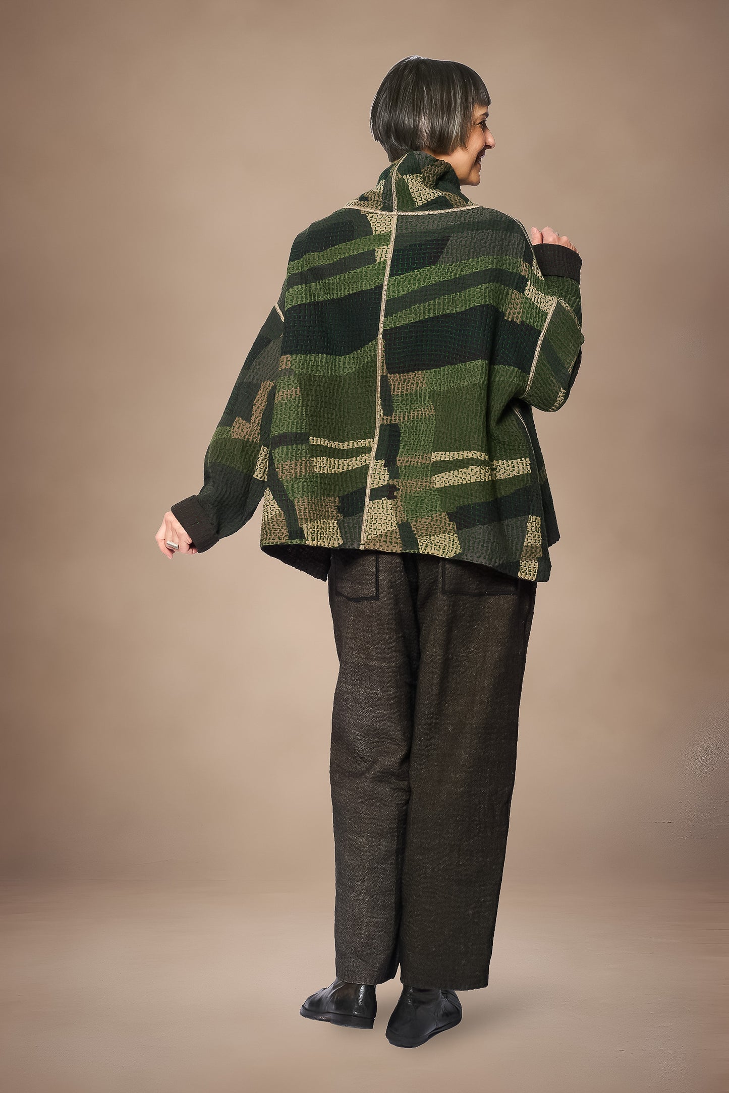 ABSTRACT WAFFLE KANTHA FUNNEL NECK PULLOVER - bw3t106-grn -