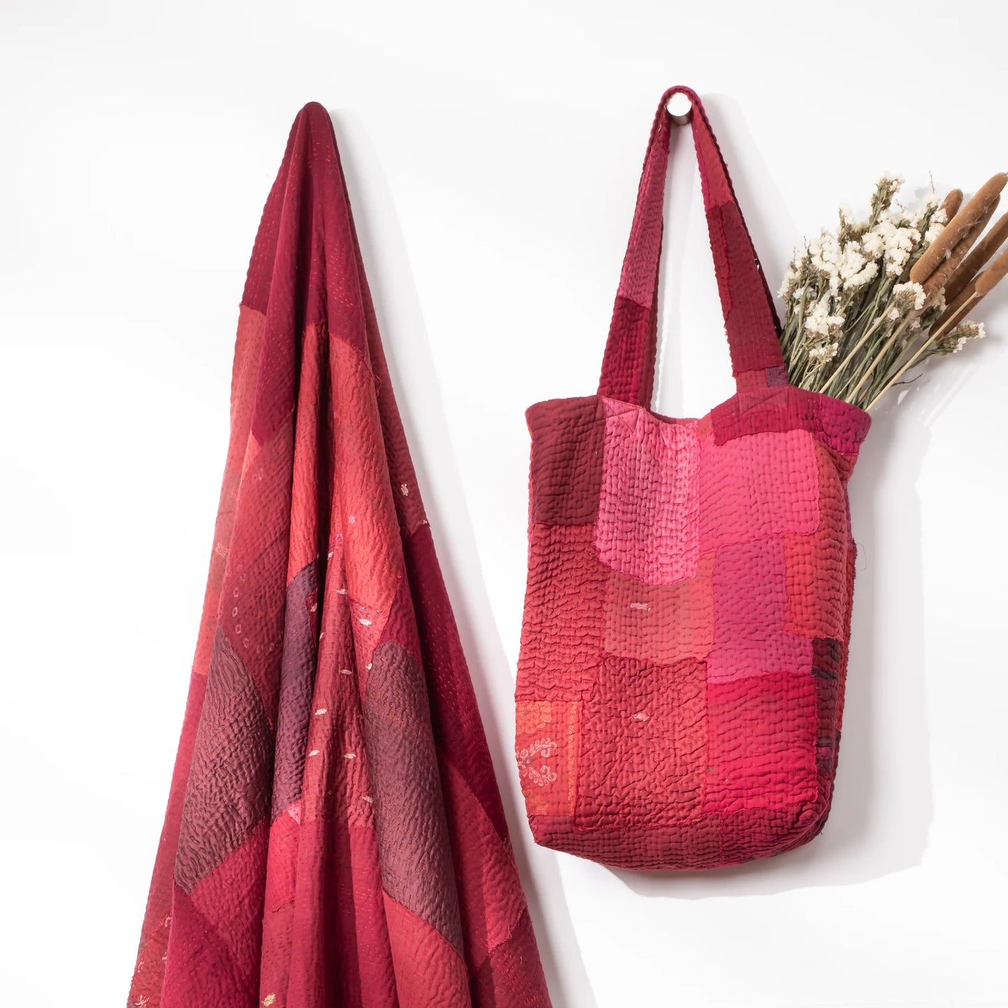 Landscape Handmade Vintage Kantha Tote Bag -Red