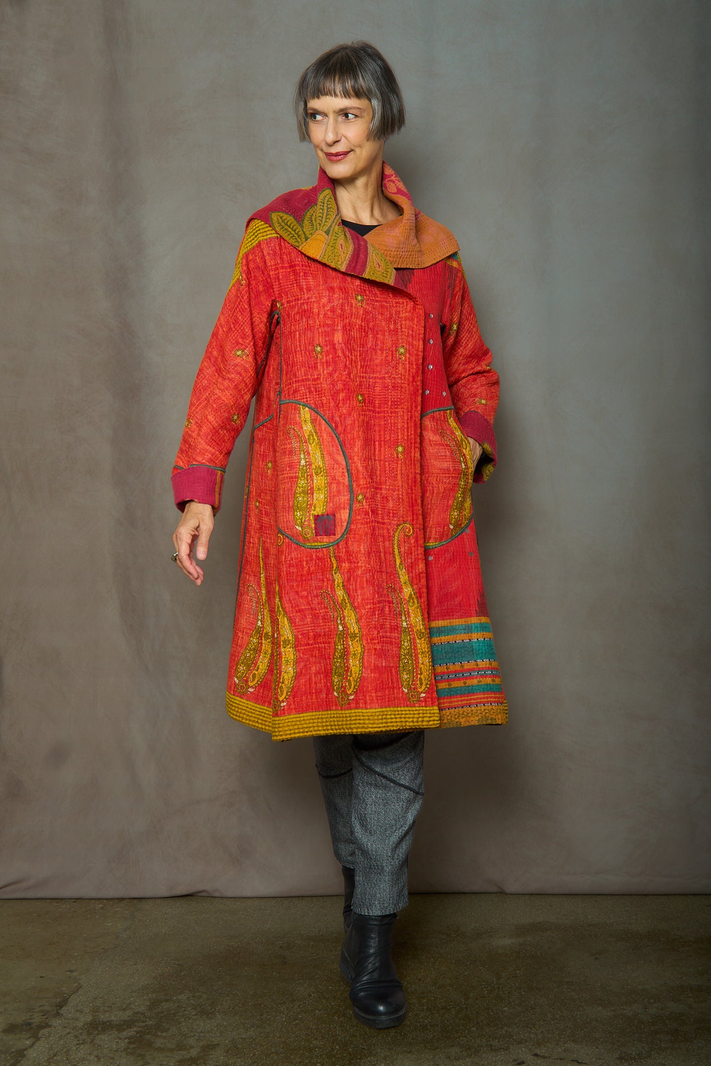 VINTAGE COTTON KANTHA A-LINE COAT - cv4309-0064a -