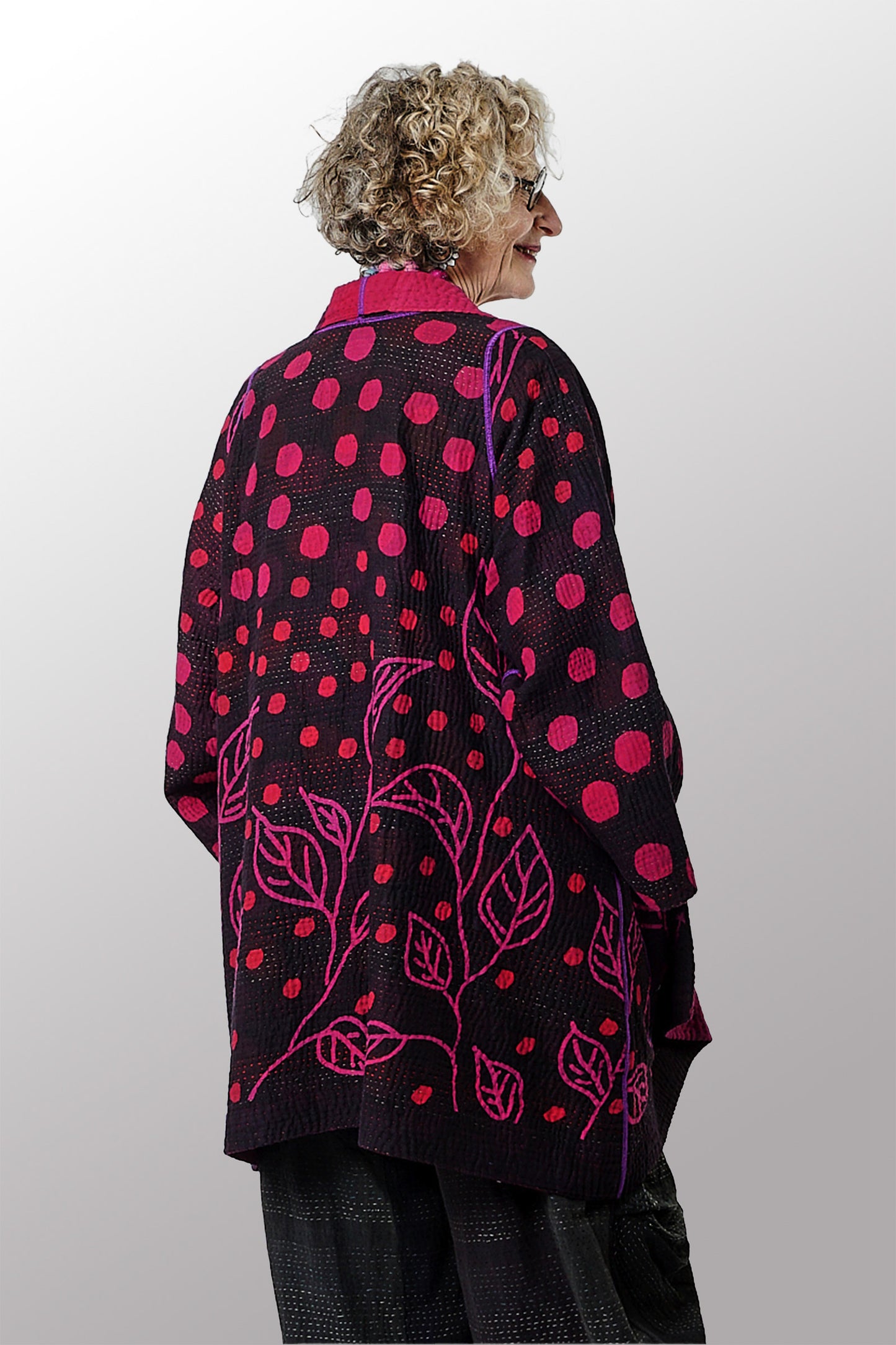 OVERDYED POLKA DOTS & LEAVES KANTHA A-LINE JACKET - dl4003-fus -