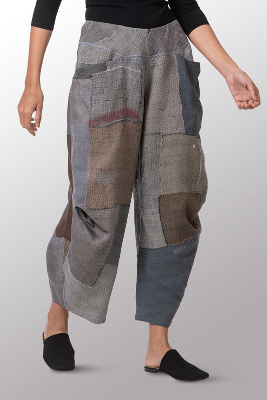 FRAYED PATCH KANTHA KNEE TUCKED PANTS - fi2625-ntl -