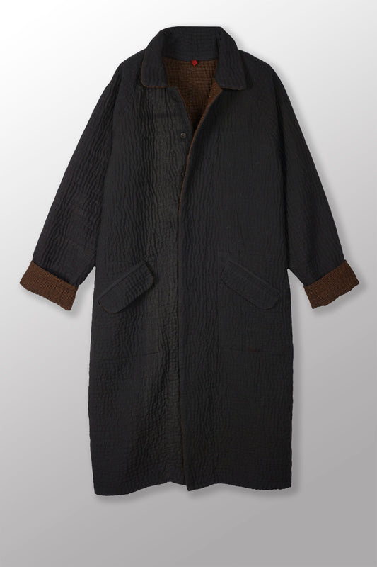 QUILTED VINTAGE COTTON WITH FLANNEL KANTHA RAGLAN SLEEVE COAT - fq5337-blk -