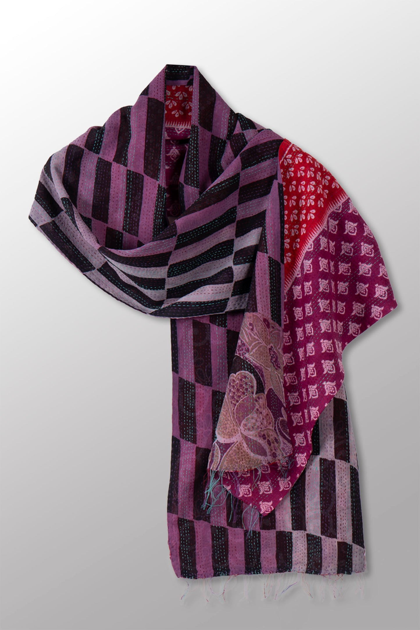 VINTAGE SILK GEORGETTE COTTON KANTHA SCARF SHORT - gc2805-prp -