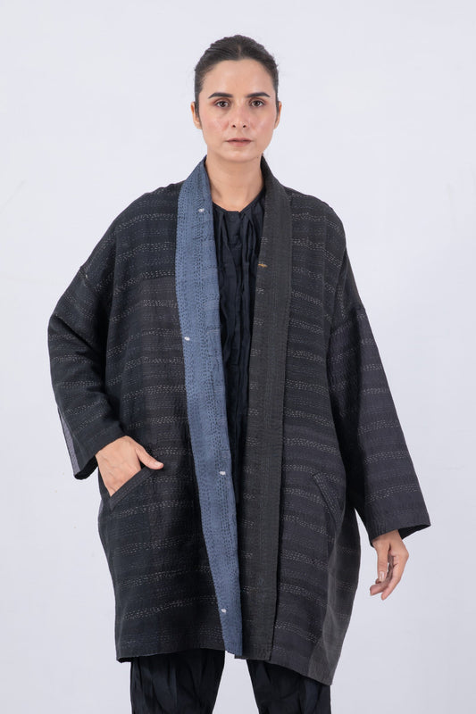 JAIPUR PATCH KANTHA HAORI JACKET - jp2068-blk -