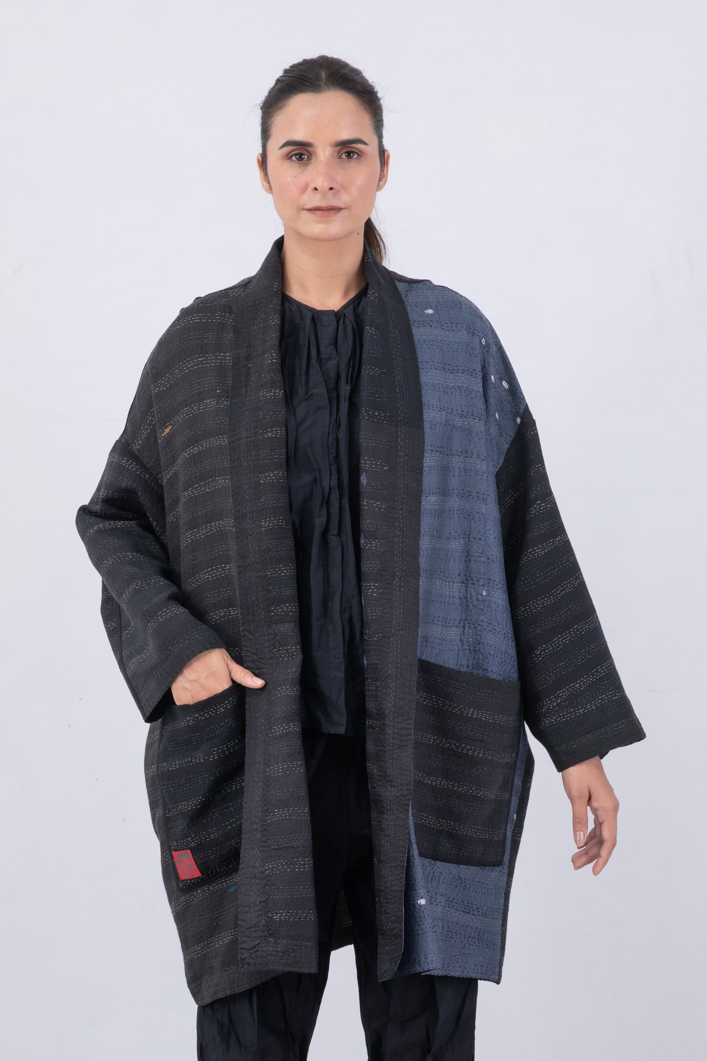 JAIPUR PATCH KANTHA HAORI JACKET - jp2068-blk -