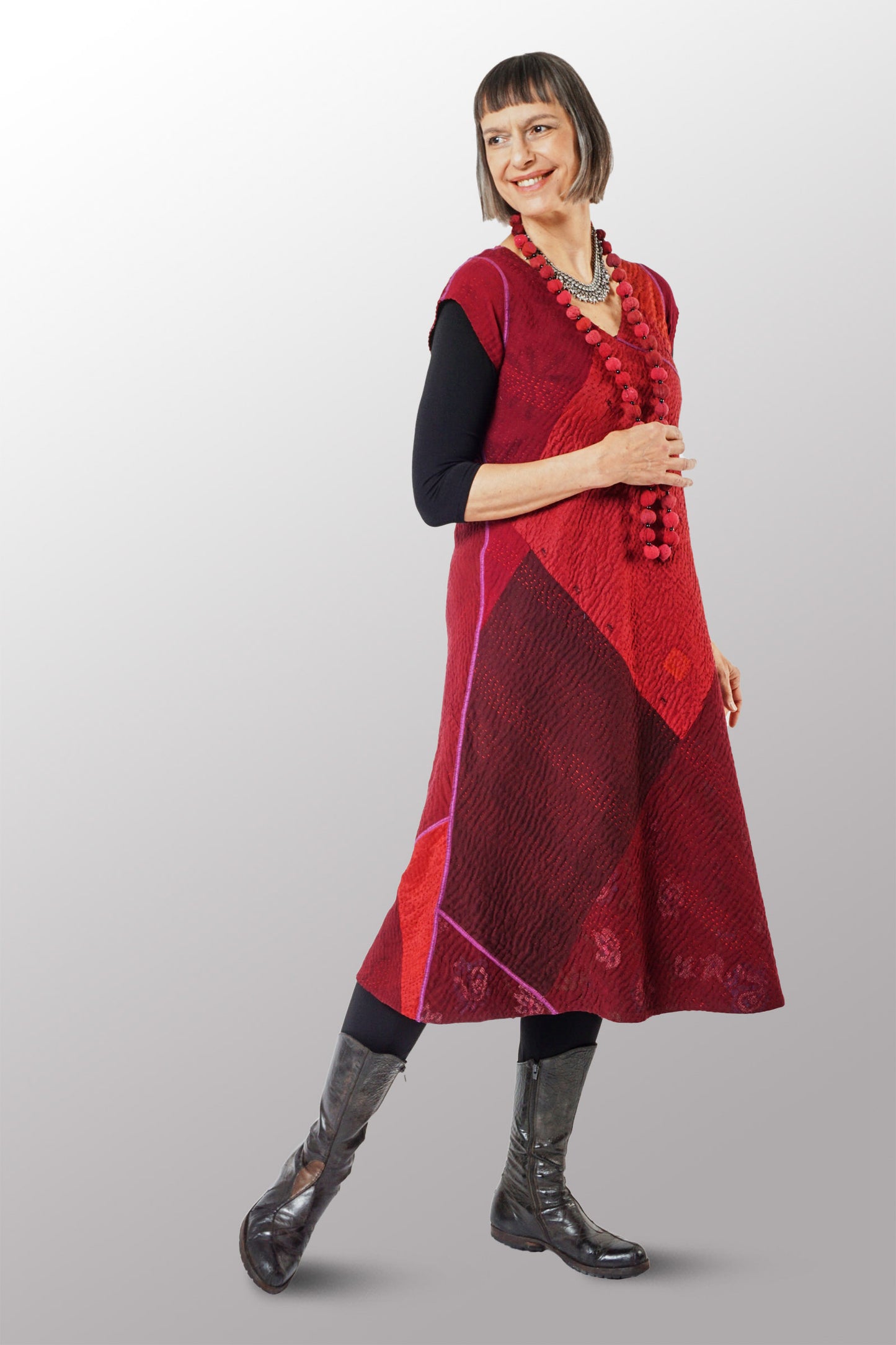 JAIPUR PATCH KANTHA CAP SLV. SEMI FLARE DRESS - jp4452-red -