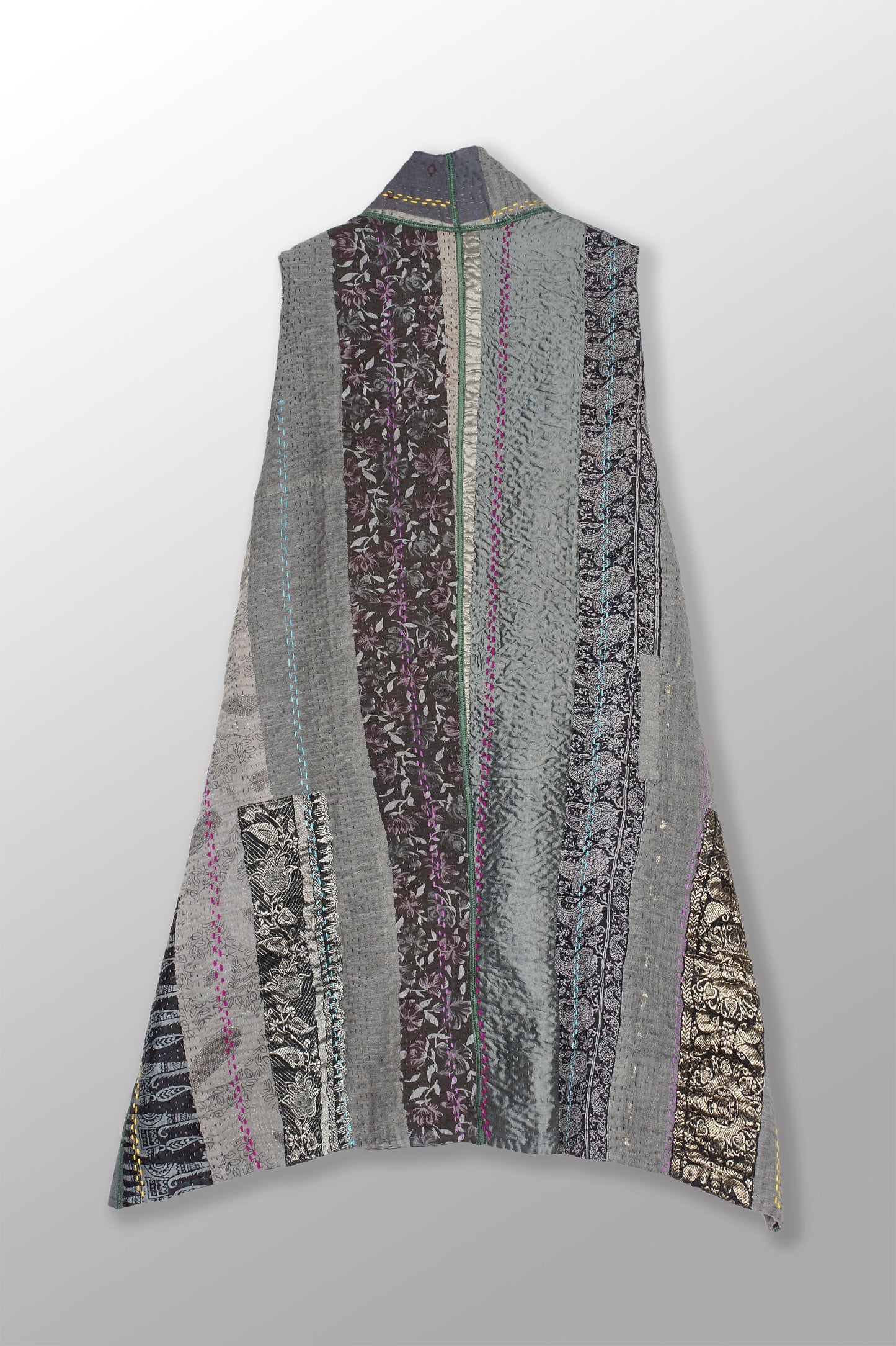 JEWEL WOVEN WITH VERTICAL PATCH KANTHA KIMONO VEST - jv4247-gry -