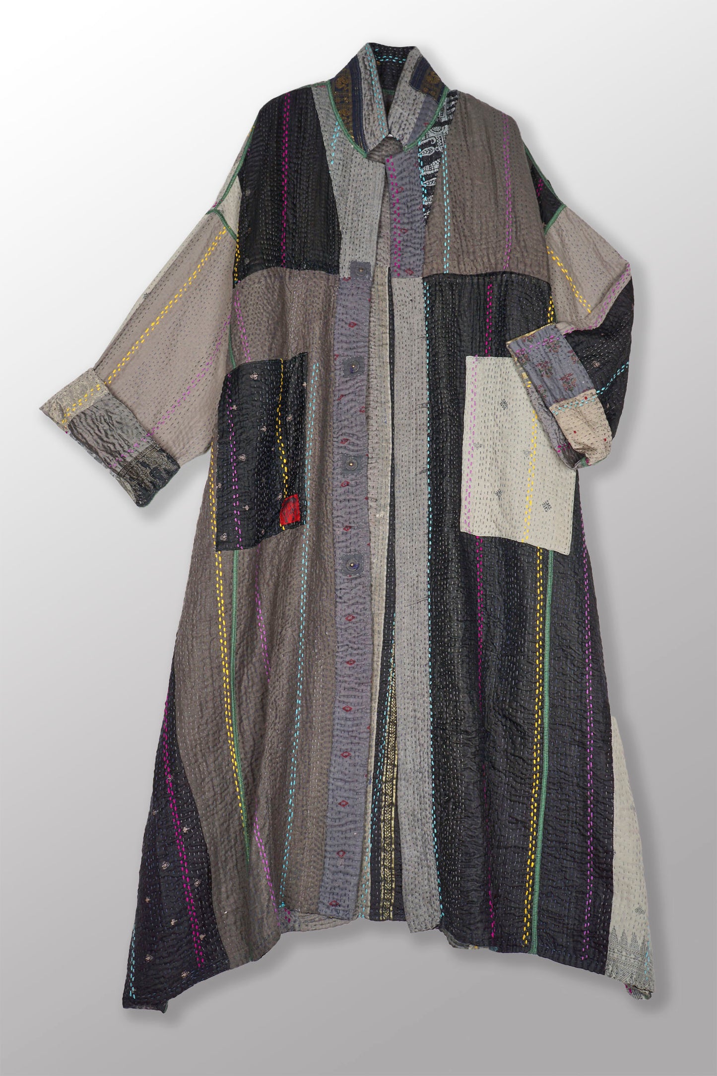 JEWEL WOVEN WITH VERTICAL PATCH KANTHA OVERSIZED COAT - jv4326-gry -