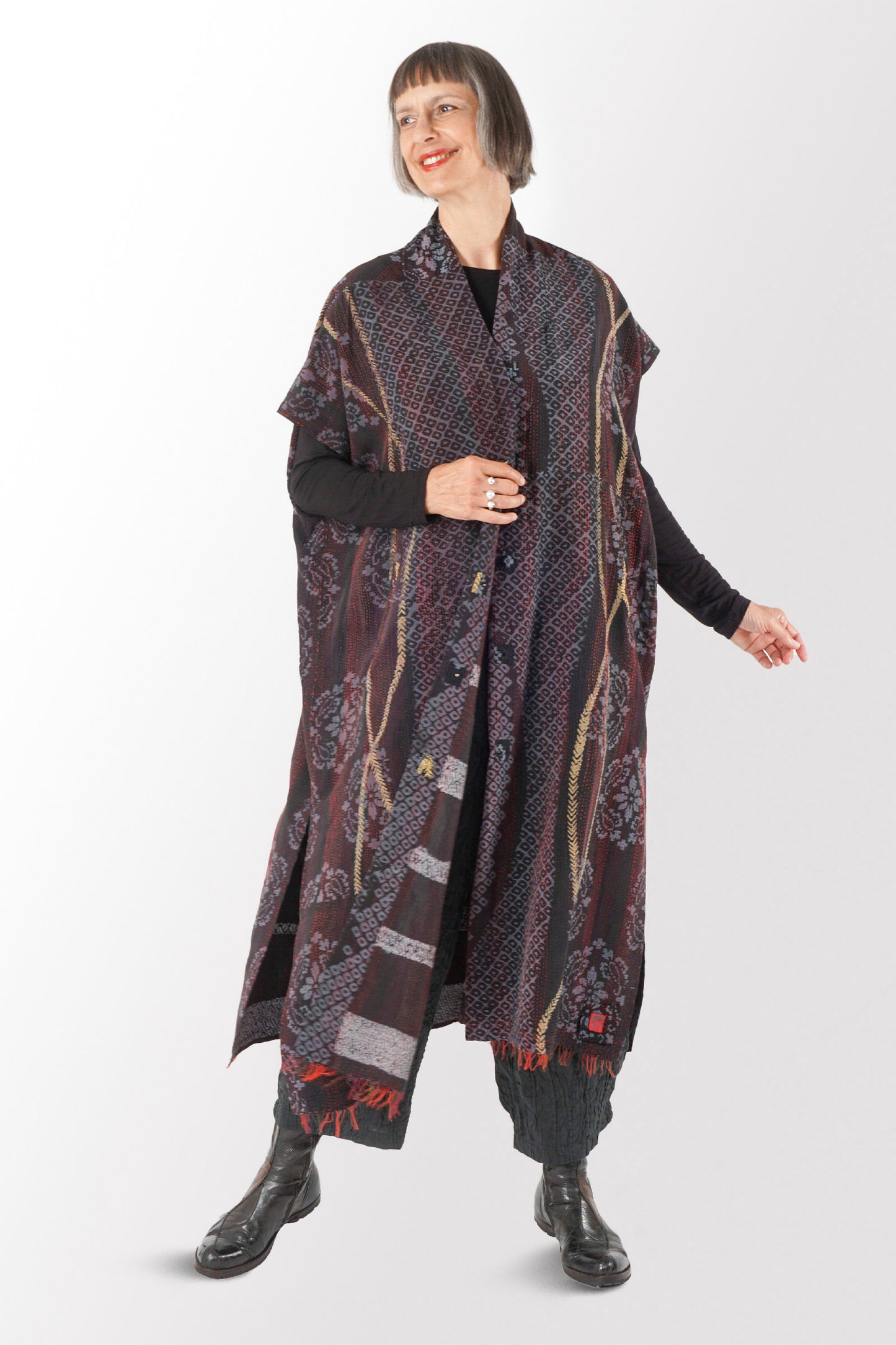 KIMONO PRINT KANTHA PONCHO DRESS - kp2443-blk -