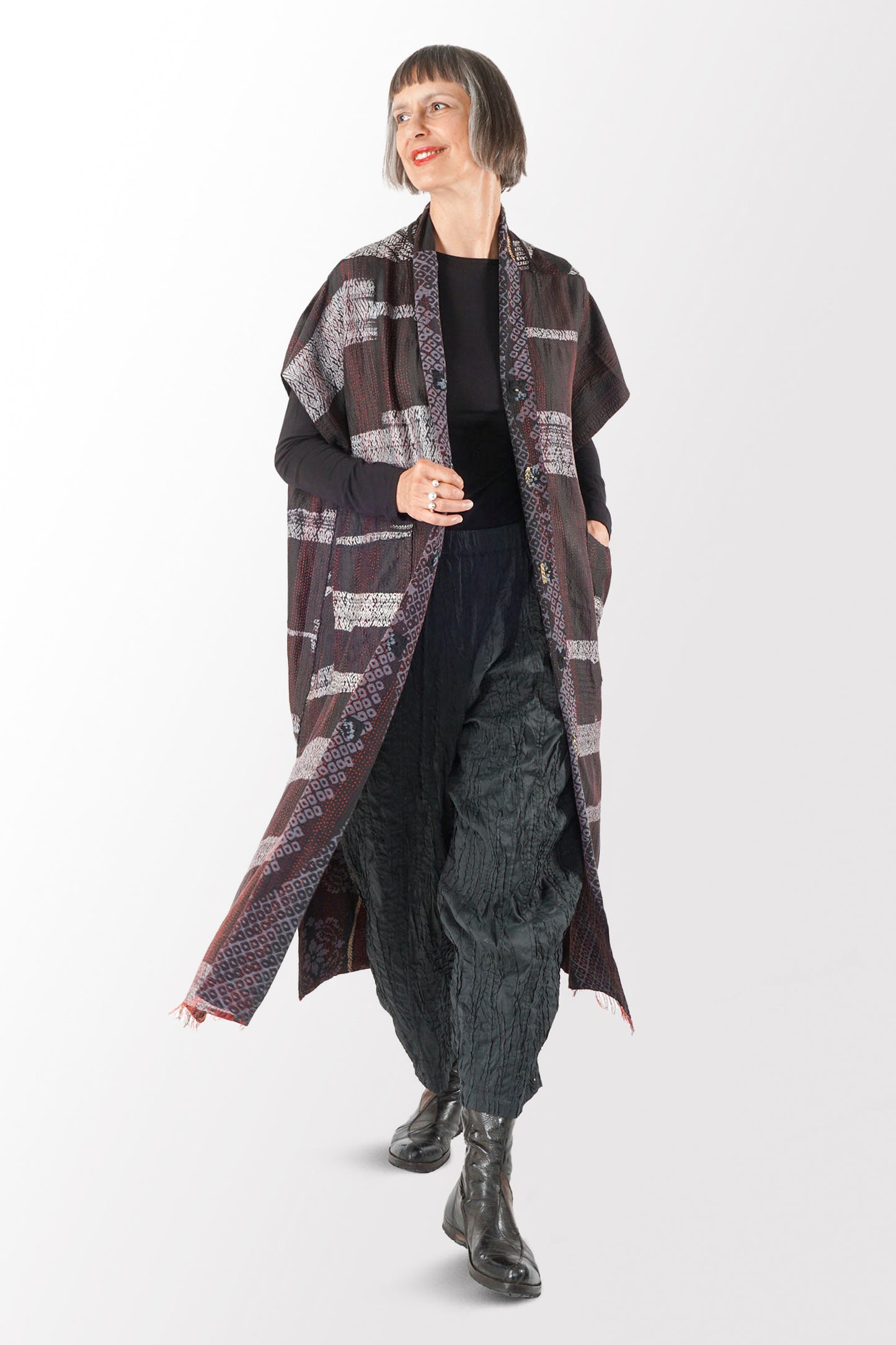 KIMONO PRINT KANTHA PONCHO DRESS - kp2443-blk -