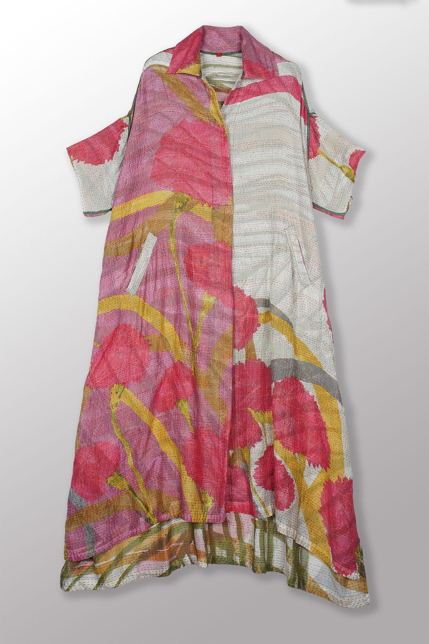 MARIGOLD PRINT KANTHA WING COLLAR DRESS - mg2454-pik -