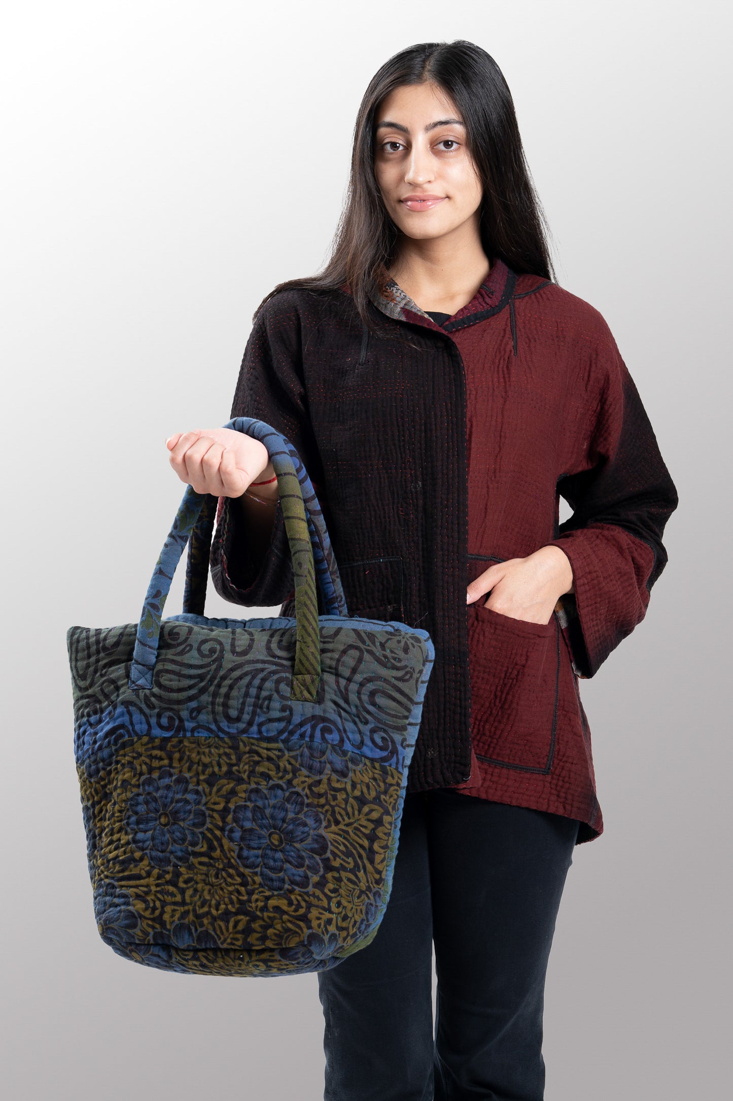 Quilted Over Dye Cotton Kantha Bucket Tote - mm-oq5867-cblu008a -