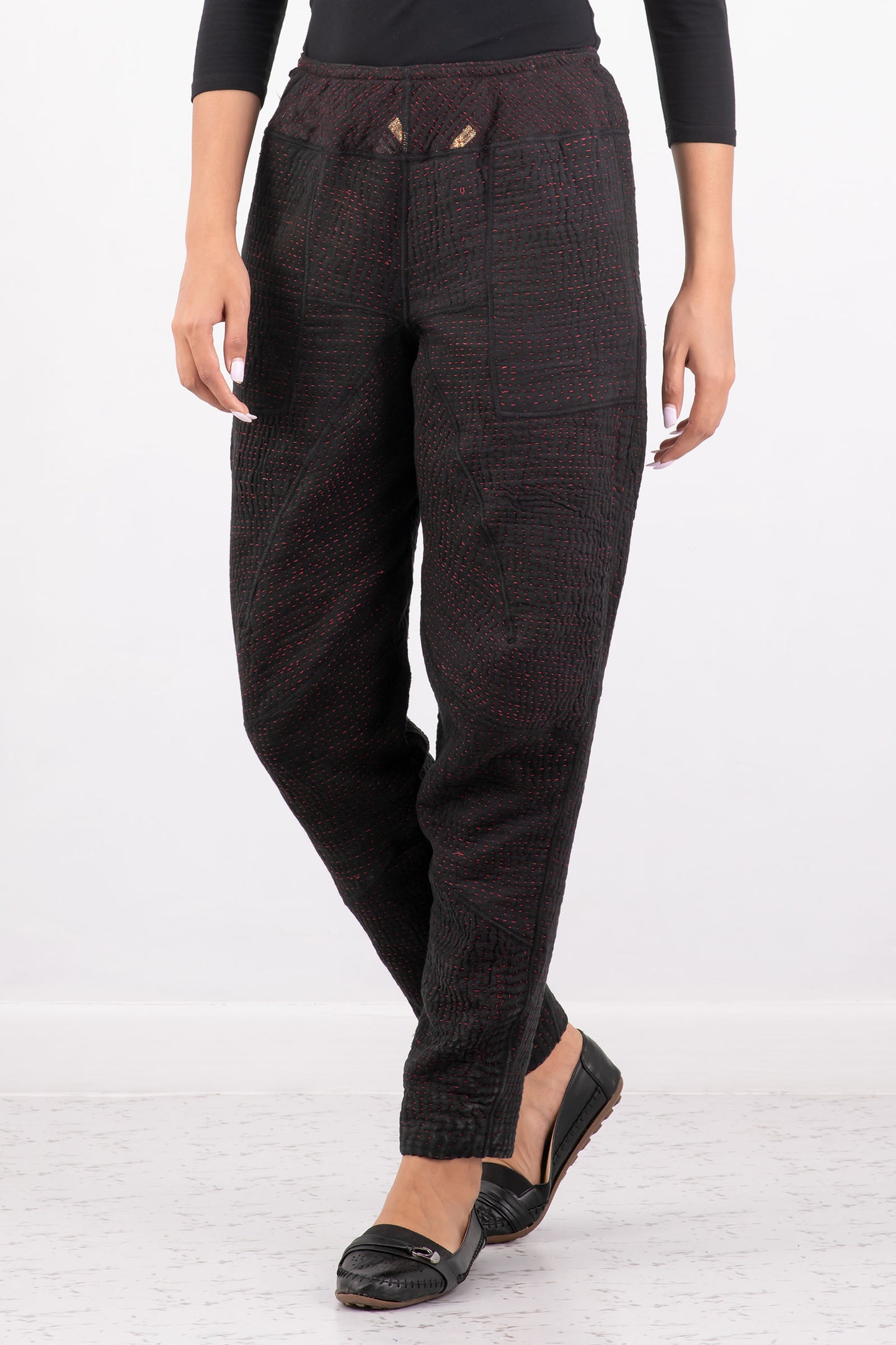 MUJI PATCH KANTHA SHAPED YAMAHA PANTS - mp4638-blk -