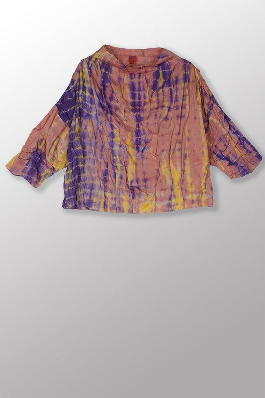 MONE SHIBORI TIE DYE WAVY TUCK FUNNEL NECK TOP - ms1582-prp -