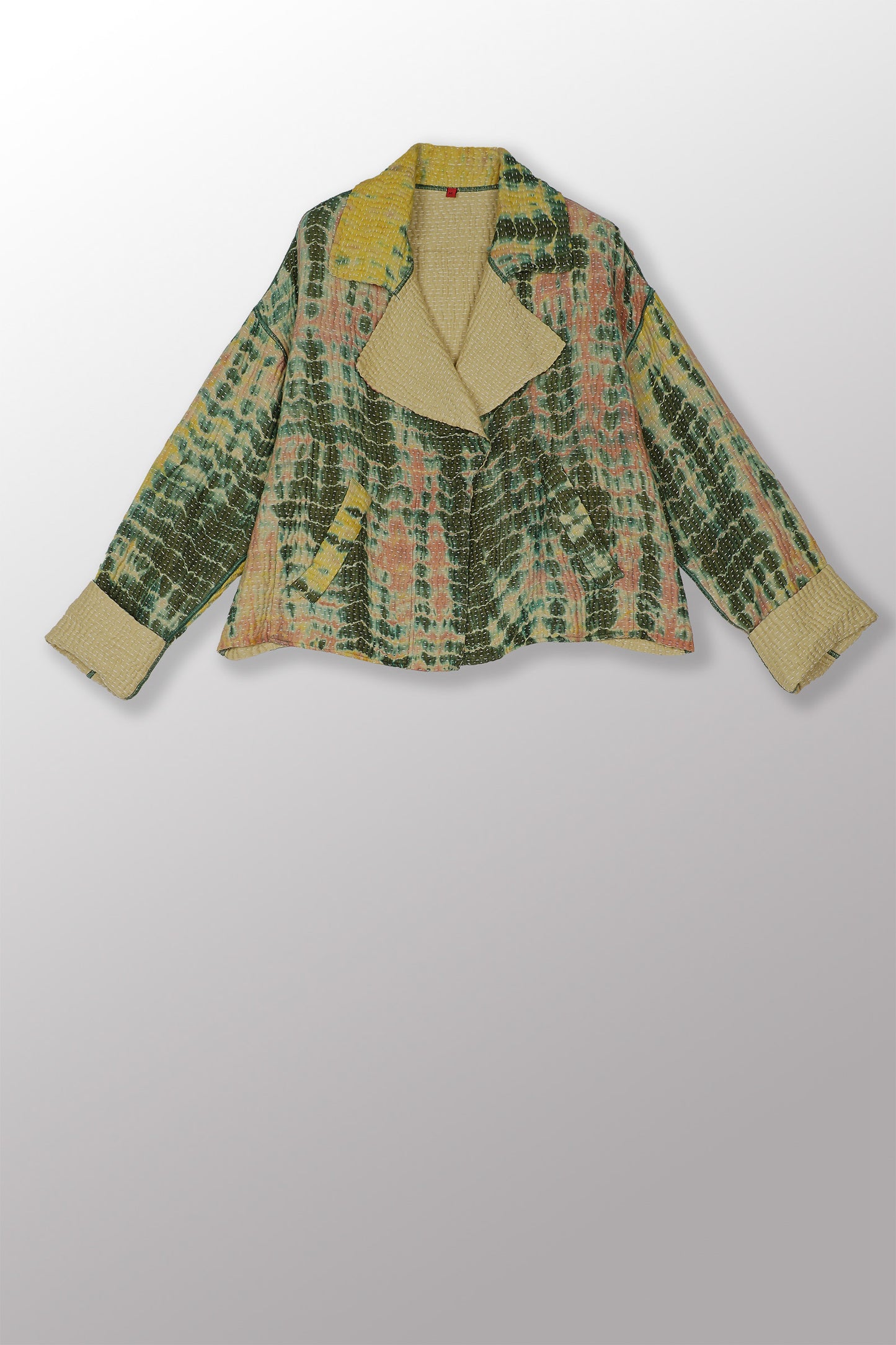 MONE SHIBORI TIE DYE KANTHA LAPELED SINGLE SHORT JACKET - ms5087-grn -