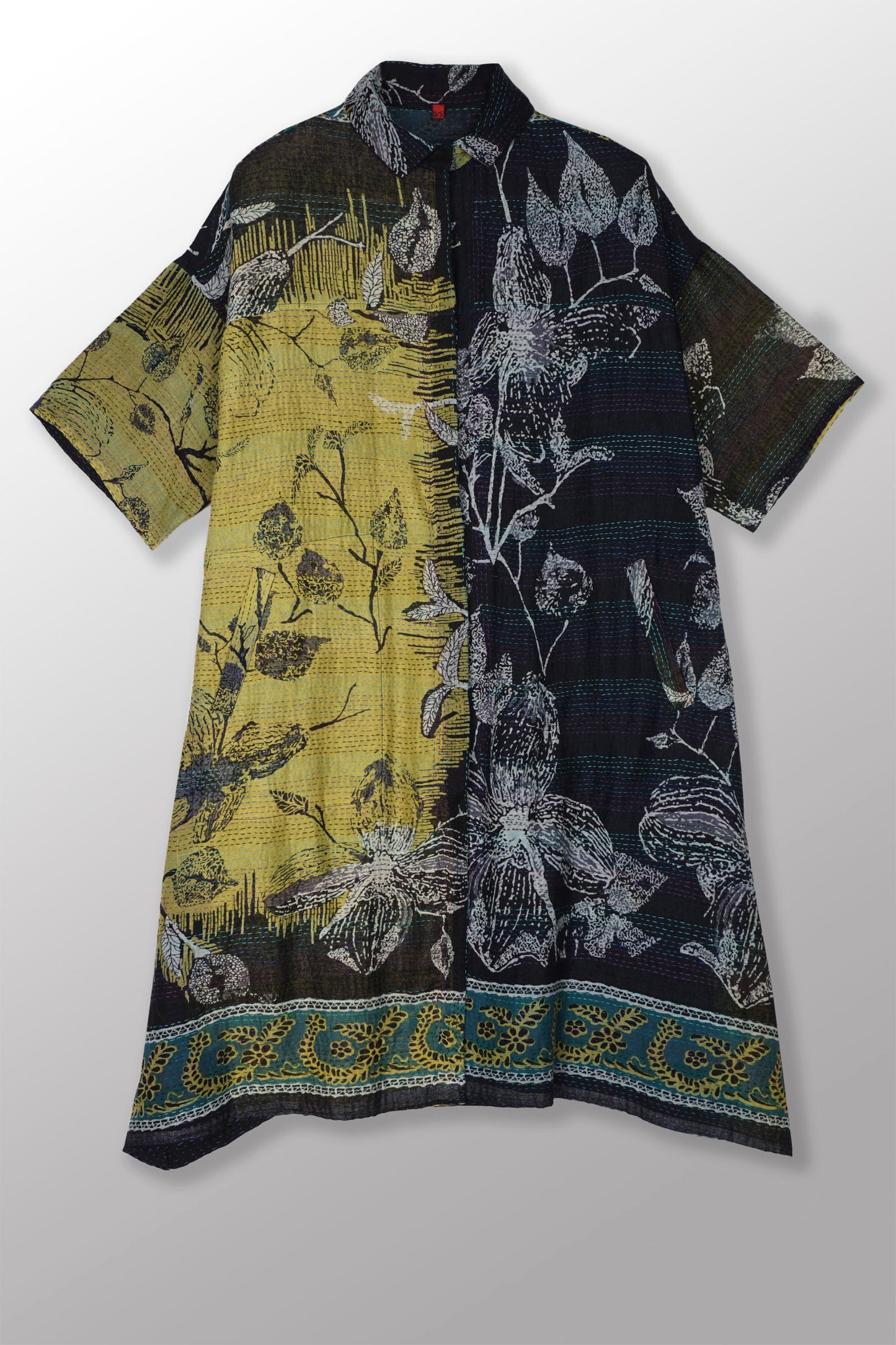 ORGANIC LEAVES KANTHA  HALF SLV. SHIRT DRESS - ol2429-blk -