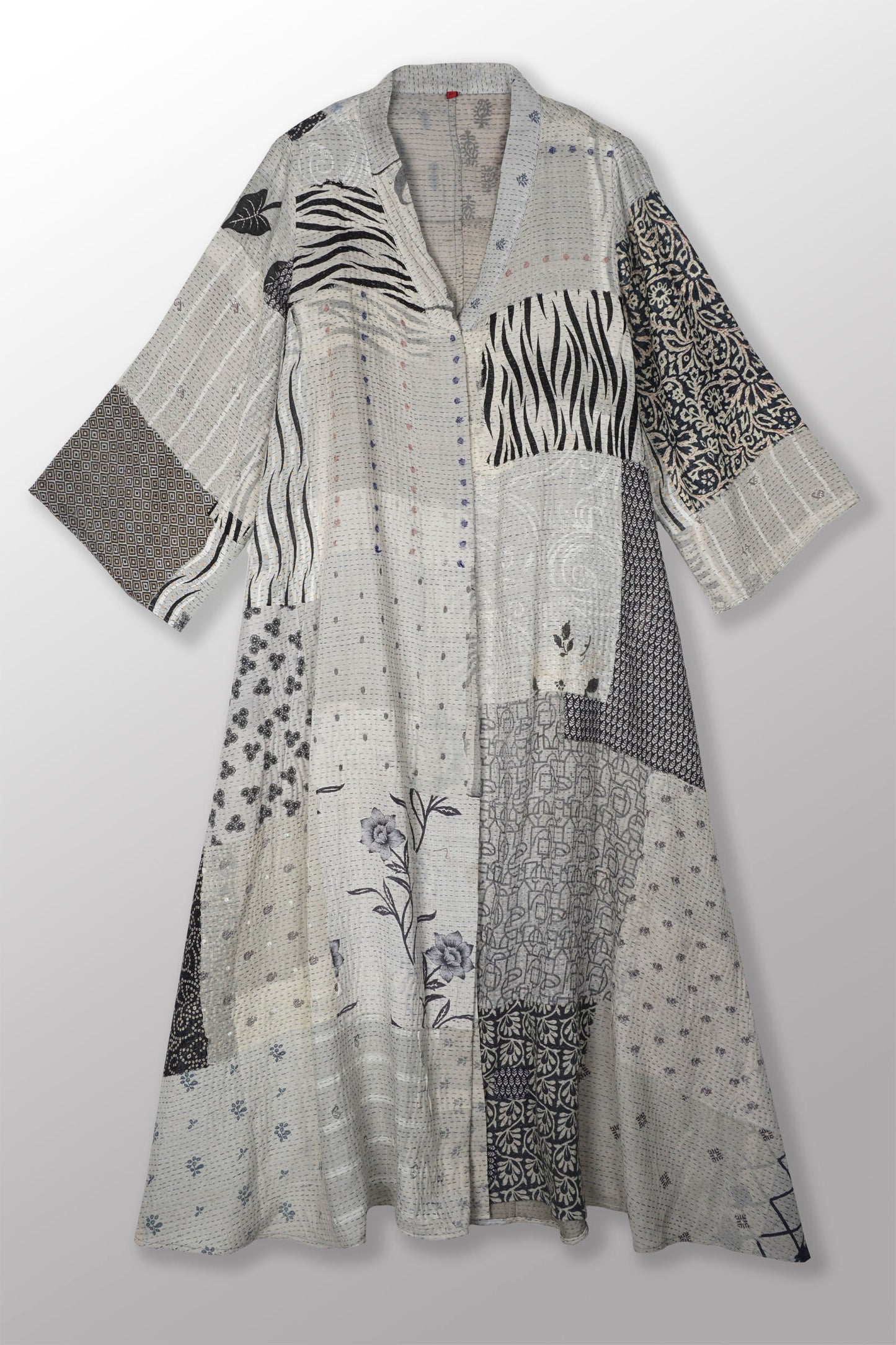 POWDER PATCH KANTHA V-NECK FLARE SLEEVE DRESS - pd2445-gry -