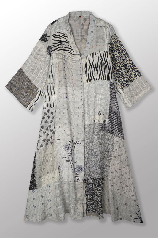POWDER PATCH KANTHA V-NECK FLARE SLEEVE DRESS - pd2445-gry -