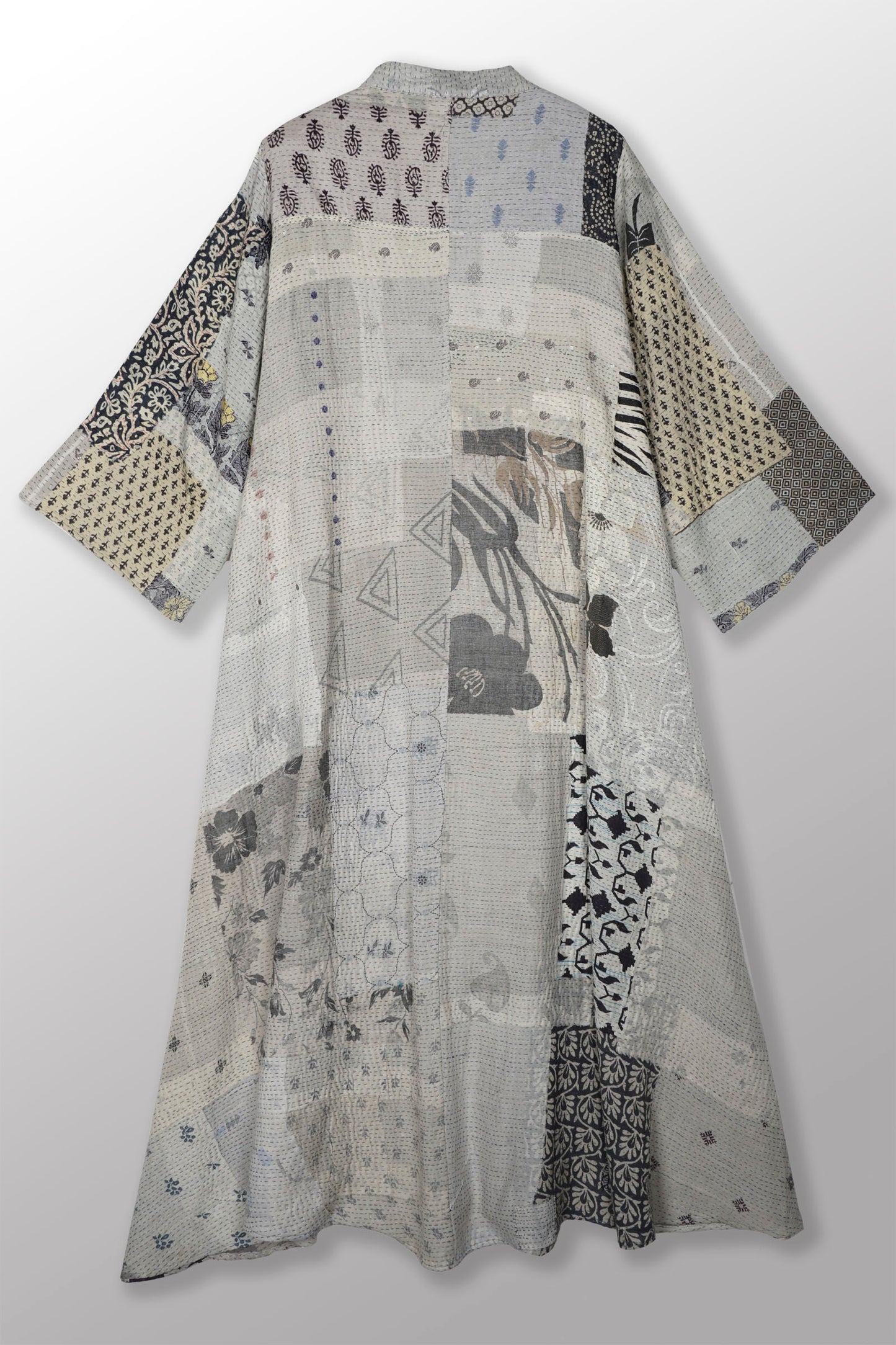 POWDER PATCH KANTHA V-NECK FLARE SLEEVE DRESS - pd2445-gry -