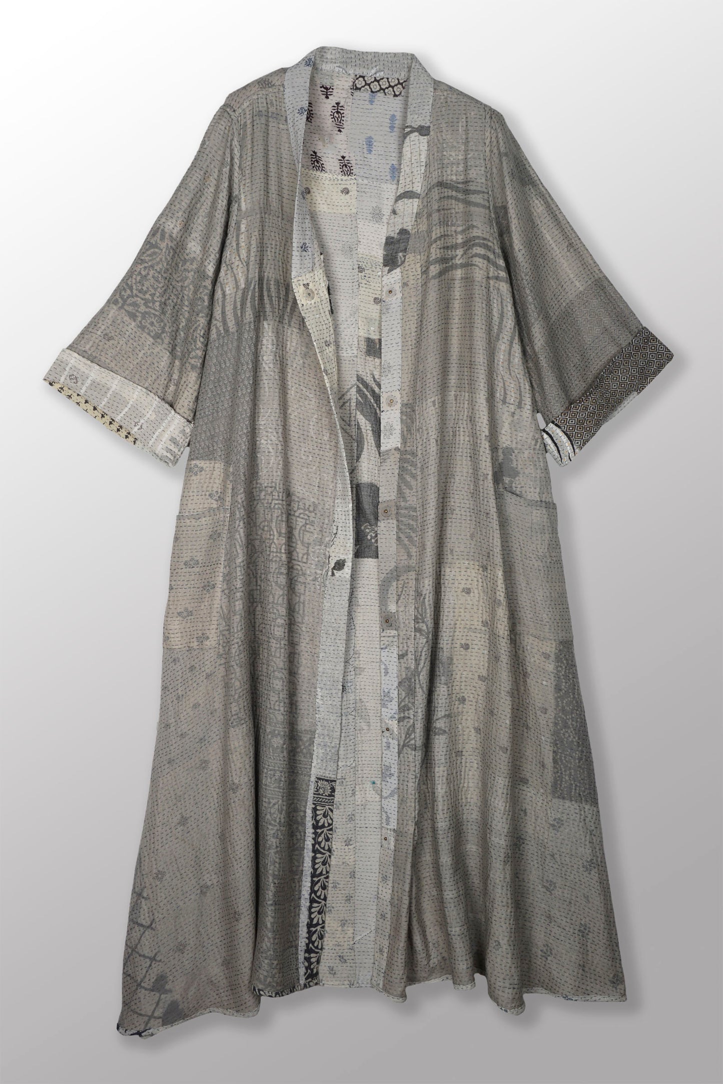 POWDER PATCH KANTHA V-NECK FLARE SLEEVE DRESS - pd2445-gry -