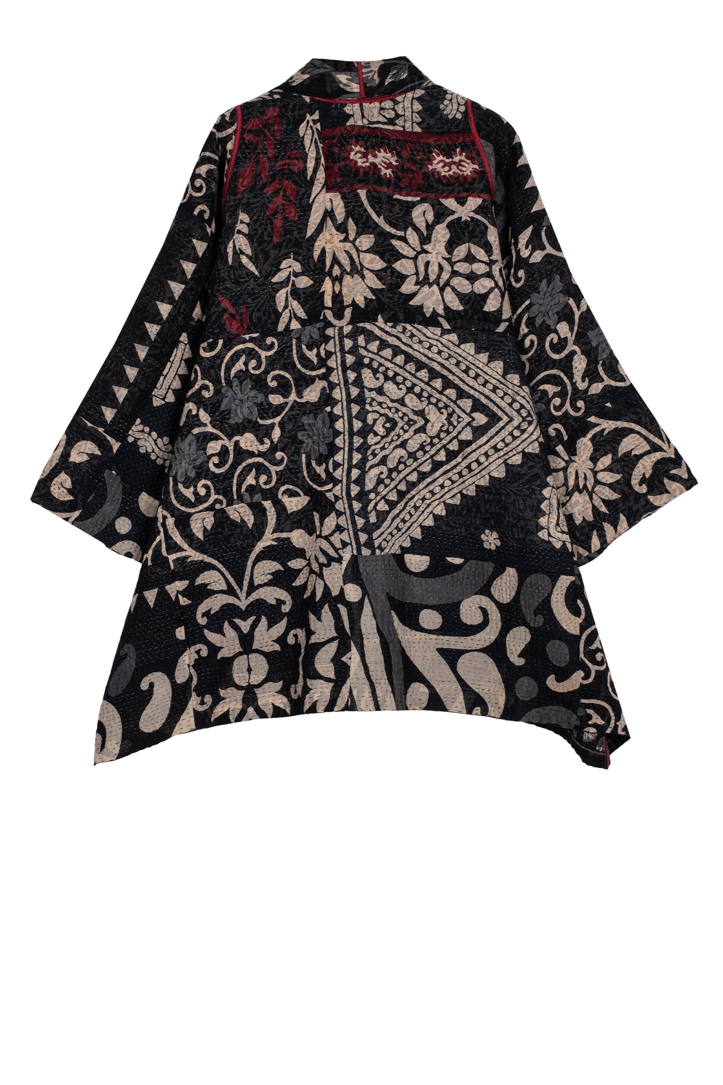 BLACK AND WHITE PRINT PATCH KANTHA A-LINE JACKET - pn4003-blk -