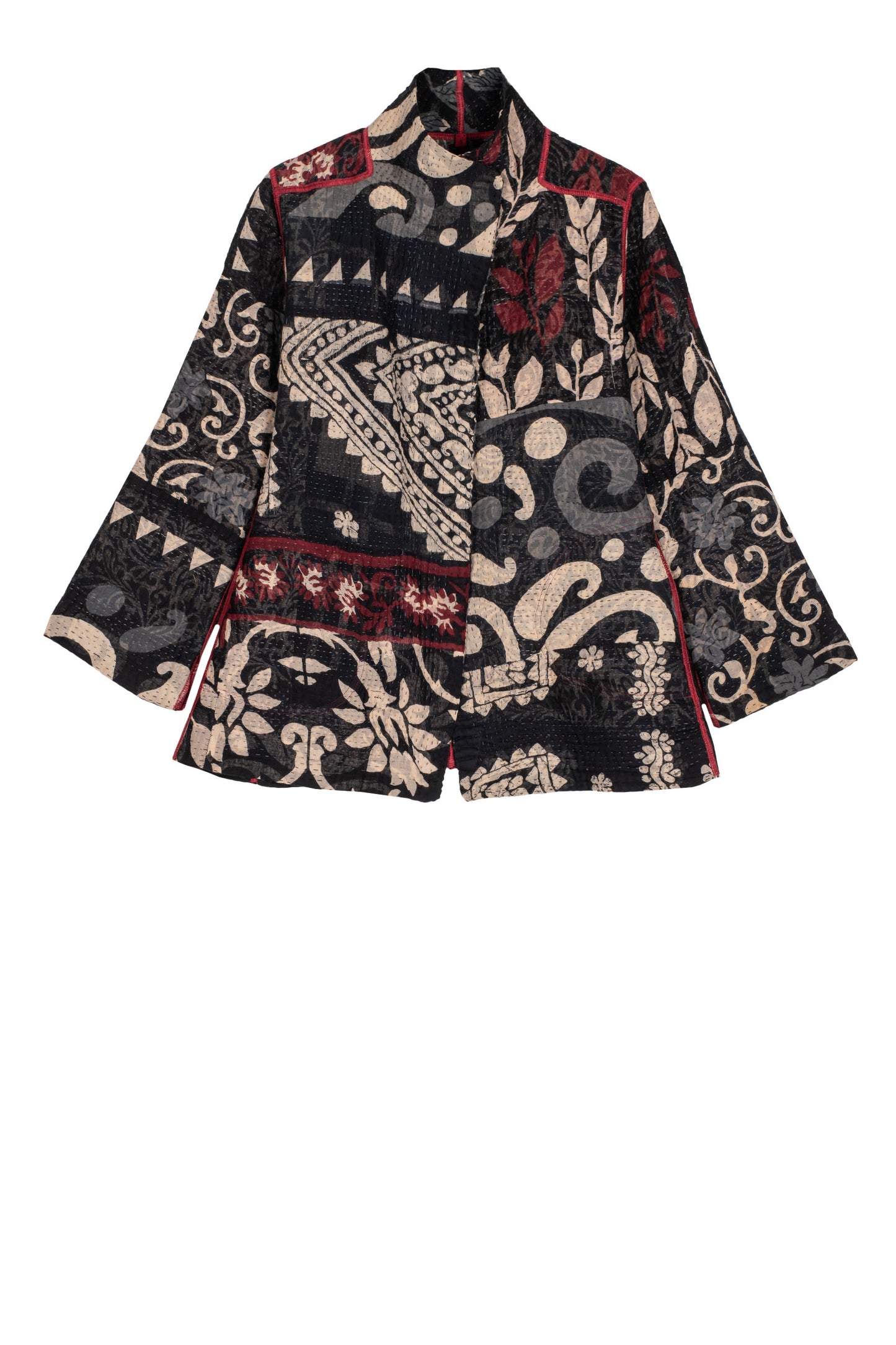 BLACK AND WHITE PRINT PATCH KANTHA SHORT JACKET - pn4007-blk -