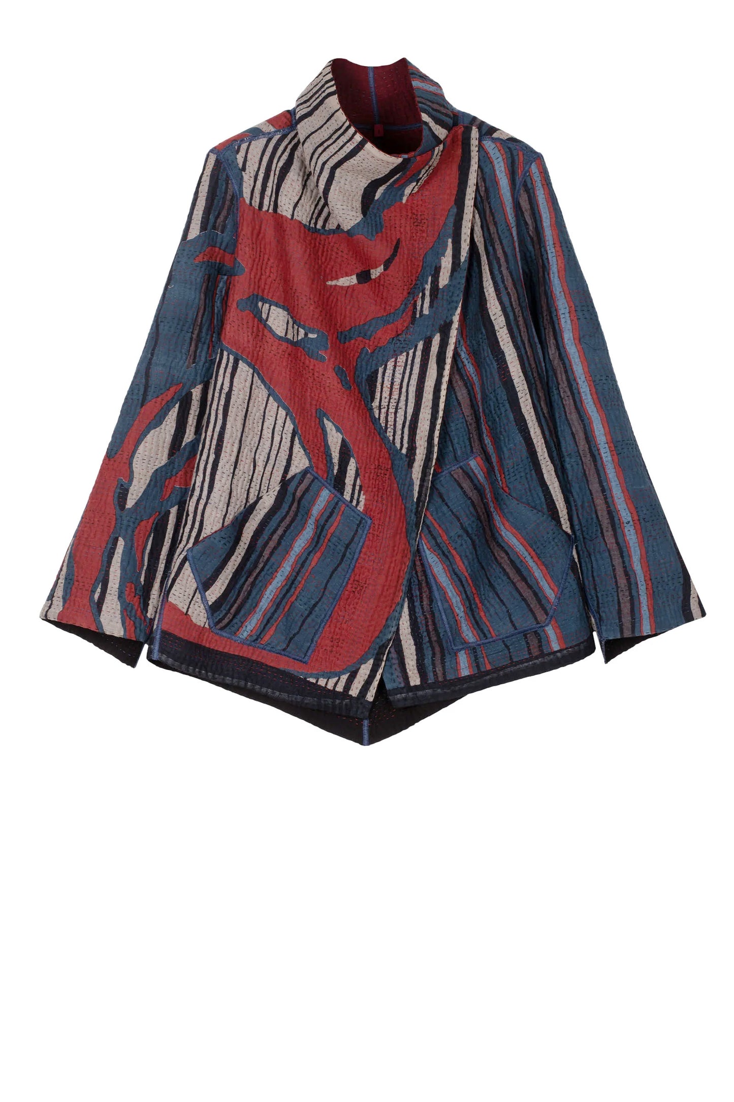 STRIPE AND BENDS KANTHA WING COLLAR JACKET - sb4013-red -
