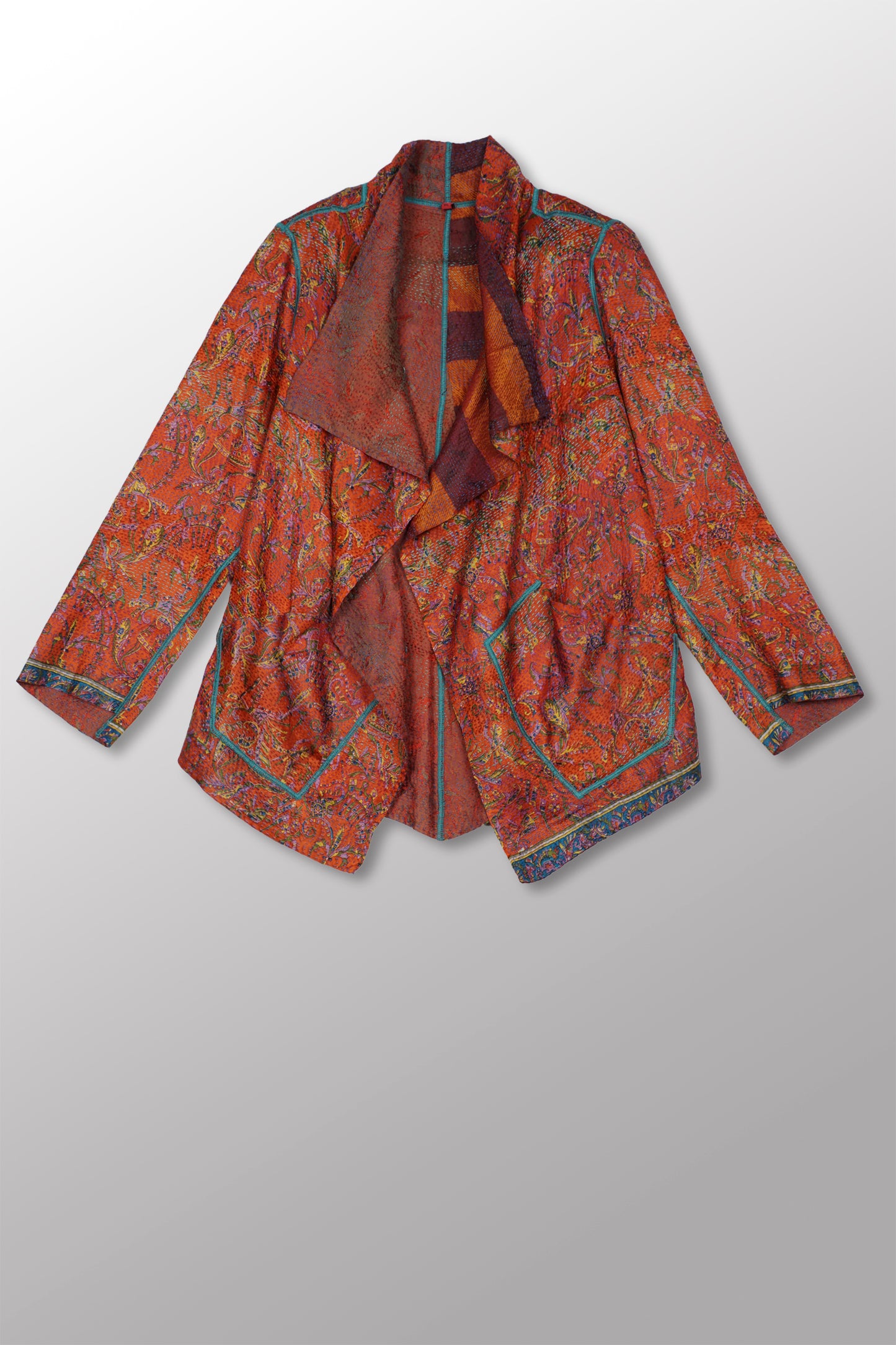 VINTAGE SILK GEORGETTE KANTHA WING COLLAR JACKET - sg2013-001 -