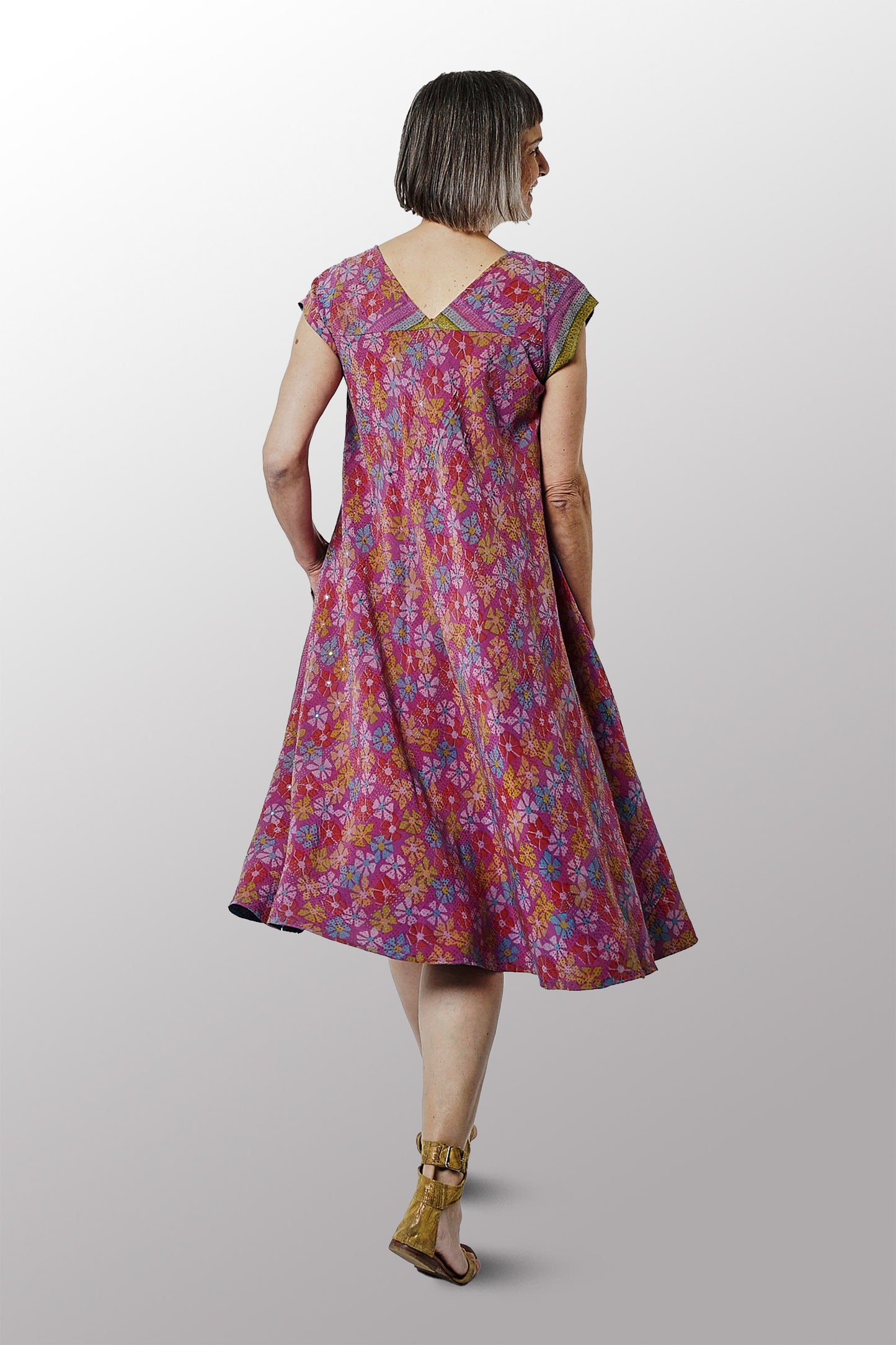 VINTAGE SILK GEORGETTE KANTHA CAP SLV. FLARE DRESS - sg2425-0004m -