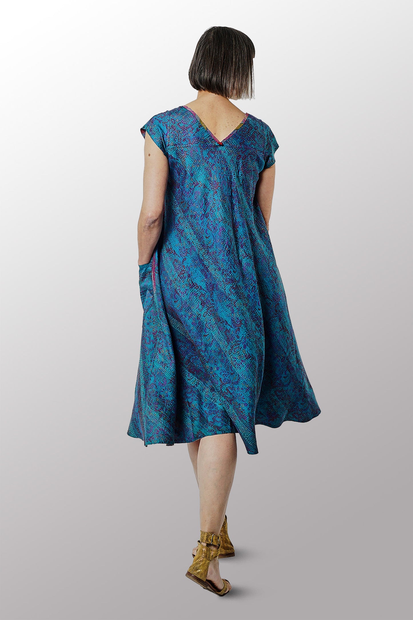 VINTAGE SILK GEORGETTE KANTHA CAP SLV. FLARE DRESS - sg2425-0004m -