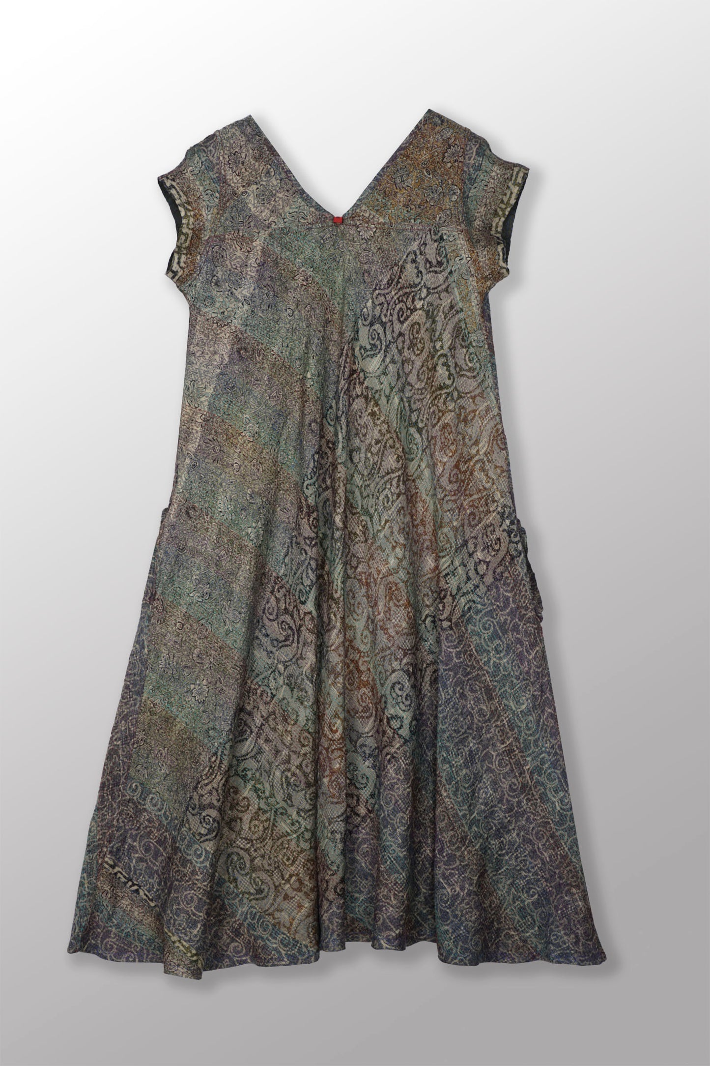 VINTAGE SILK GEORGETTE KANTHA CAP SLV. FLARE DRESS - sg2425-0006m -