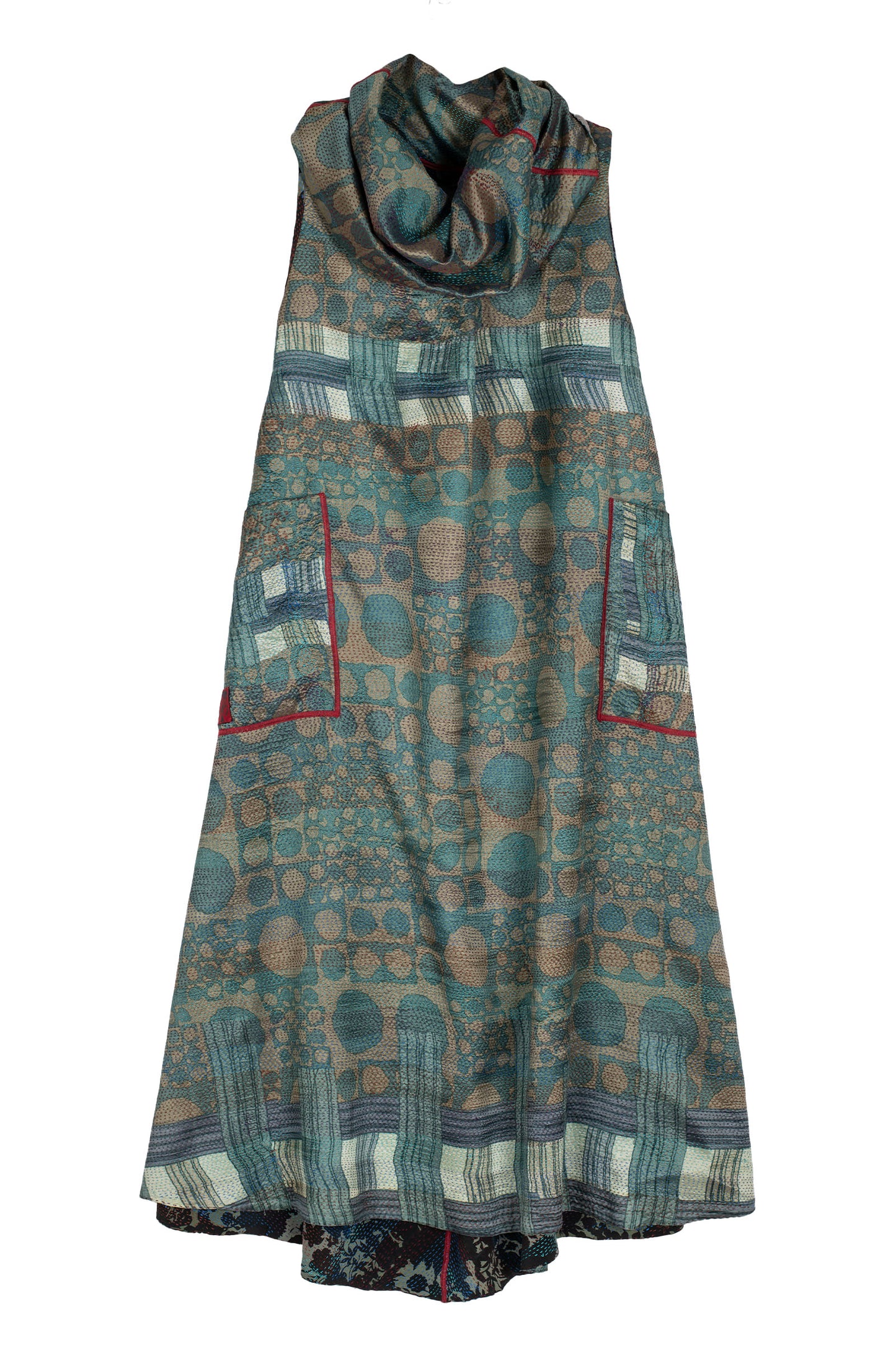 VINTAGE SILK GEORGETTE KANTHA COWL NECK MAXI DRESS - sg2438-0004m -