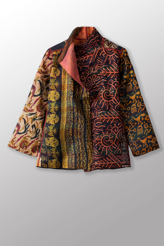 VINTAGE SILK PATCH KANTHA SHORT JACKET - vp2007-ylw -