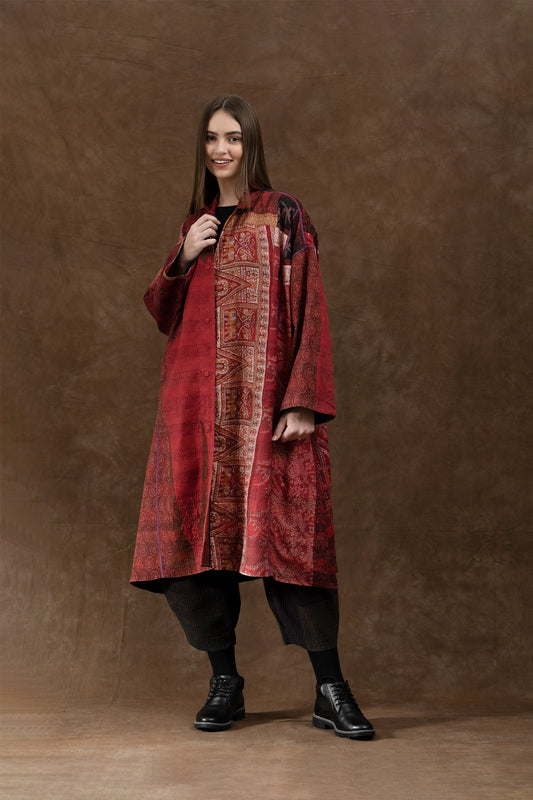 VINTAGE SILK PATCH KANTHA NEW OVERSIZED COAT - vp2342-red -