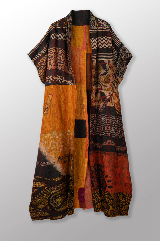 VINTAGE SILK PATCH KANTHA PONCHO DRESS - vp2443-ylw -