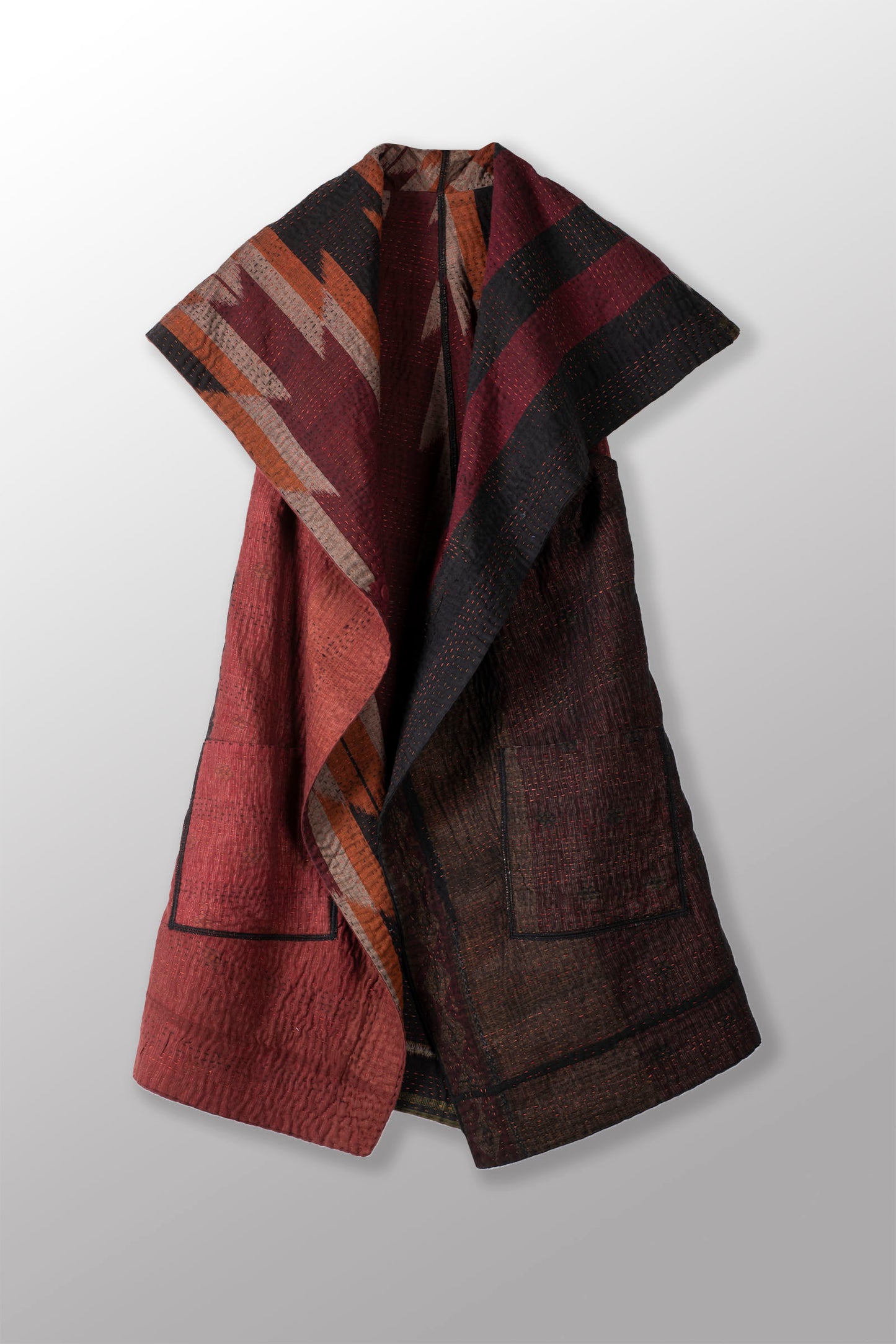 WOVEN HANDLOOM IKAT WITH OMBRE KANTHA CIRCULAR VEST - wh4201-red -