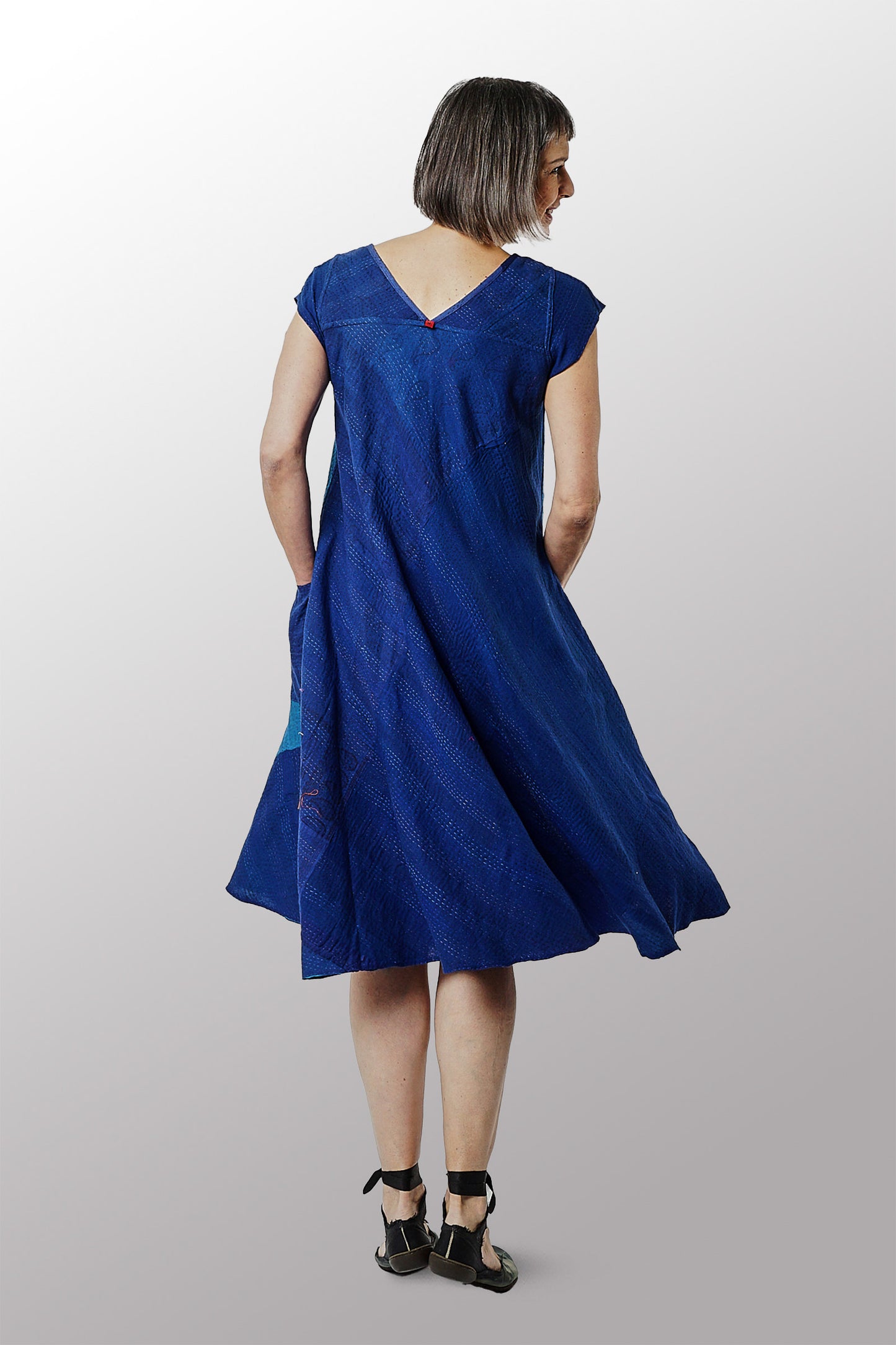 COTTON SILK SW PATCH OMBRE KANTHA CAP SLV. FLARE DRESS - wo2425-blu -