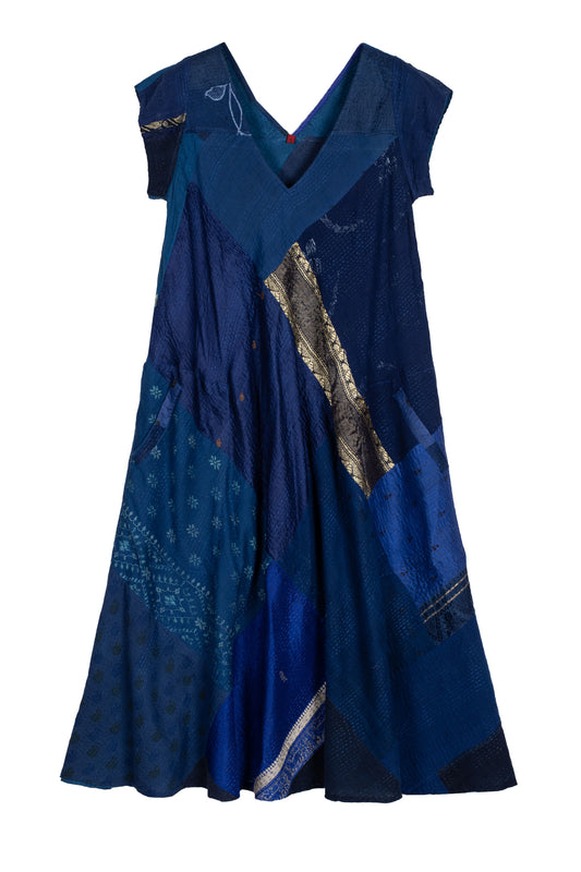 COTTON SILK SW PATCH KANTHA CAP SLV. FLARE DRESS - ws2425-blu -
