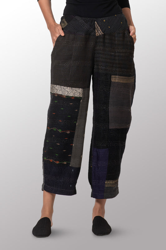 COTTON SILK SW PATCH KANTHA NEW LANTERN PANTS - ws2651-blk -