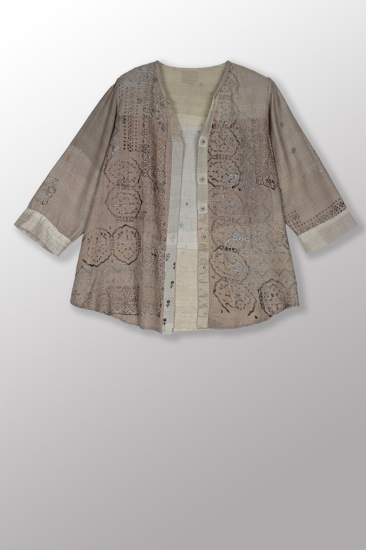 MOSAIC FRAY PATCH KANTHA KURTA TOP - zb2586-ivy -